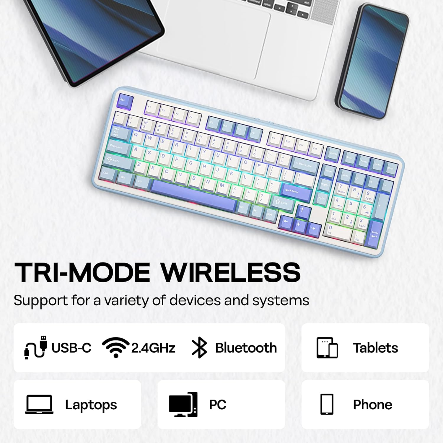 EPOMAKER TH99 Wireless Mechanical Keyboard, Quiet Gaming Keyboard, 8000Mah,Creamy Gasket,Rgb Backlit,Numpad,Pbt Keycap,Lubed Silent Switch,Hot Swappable,For Gamers/Office (Blue&White) image number 4