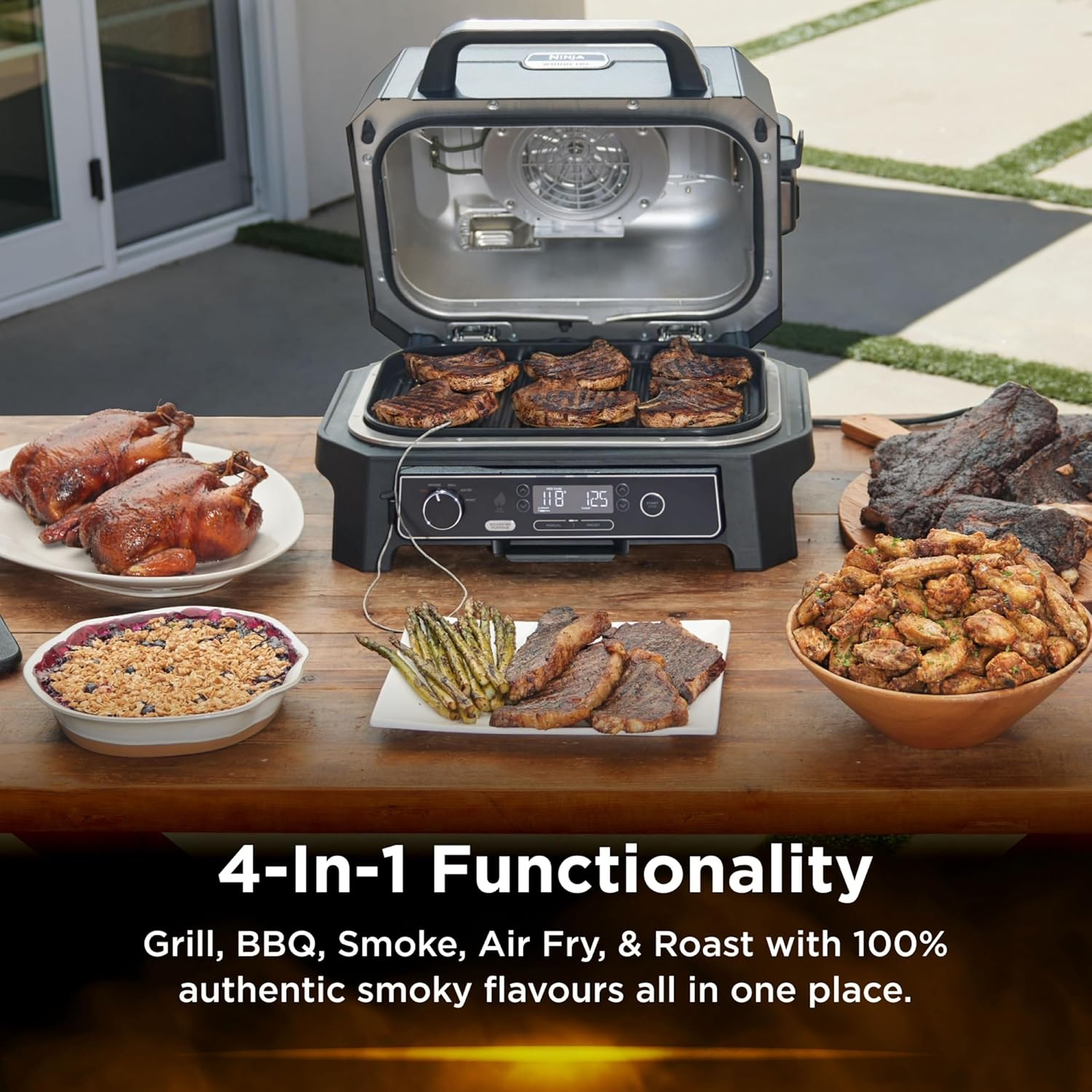 Ninja Woodfire Pro XL Outdoor Electric BBQ Grill & Smoker, Table Top Air Fryer, Includes Non-Stick Grill Grate & Crisper Basket, OG850ANZ, Black image number 4