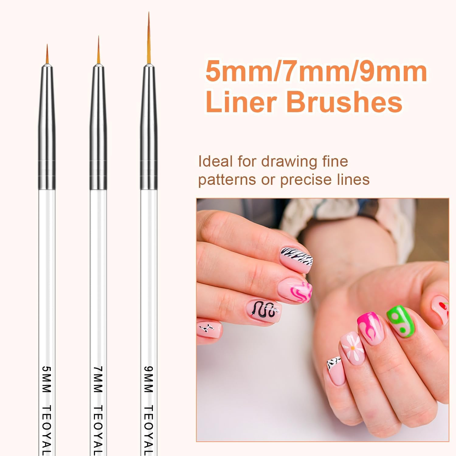 TEOYALL Fine Eyeliner Brush for Nail Art 5/7/9/11/20Mm Fine Line Brush for Fingernails Detail Drawing Brush image number 3