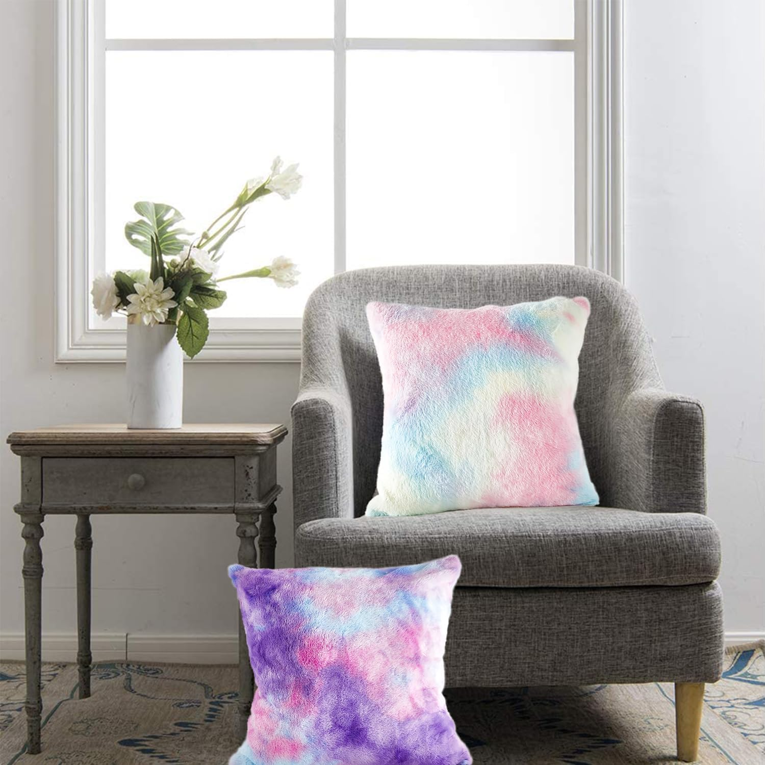 Soft Plush Throw Pillow Covers Pack of 2, Decorative Tie Dye Colorful Cushion Covers Luxury Fluffy Faux Fur Square 45X45Cm Pillowcase for Home Sofa Bedroom Living Room Couch Hotel Balcony Office Decor image number 6