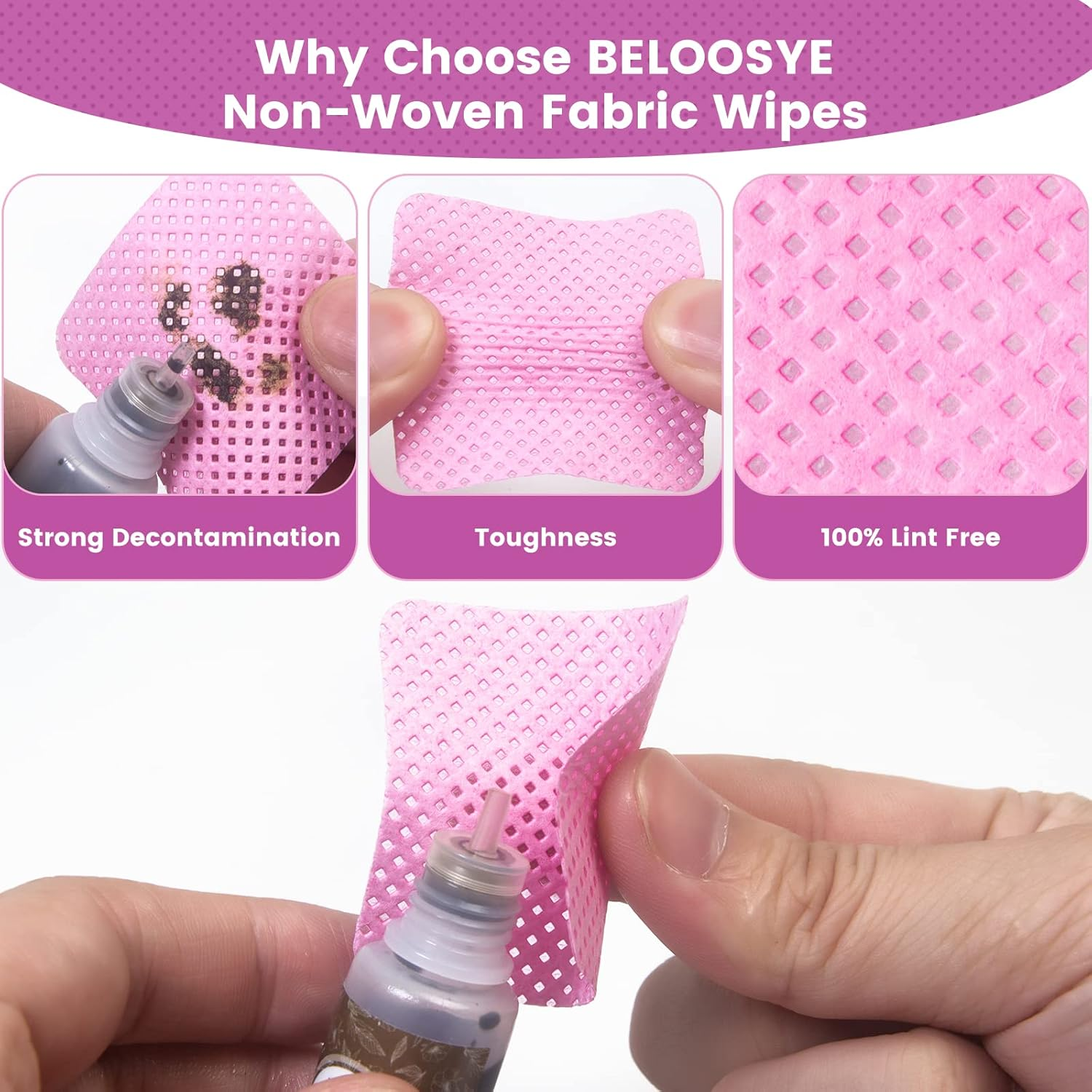 540 PCS Lint Free Nail Wipes, Eyelash Extension Glue Wipes, Super Absorbent Soft Non-Woven Fabric Nail Polish Remover Wipes, Cleaning Pad Cloth for Lash Extension Supplies & Nail Polish Bottle(Pink) image number 3