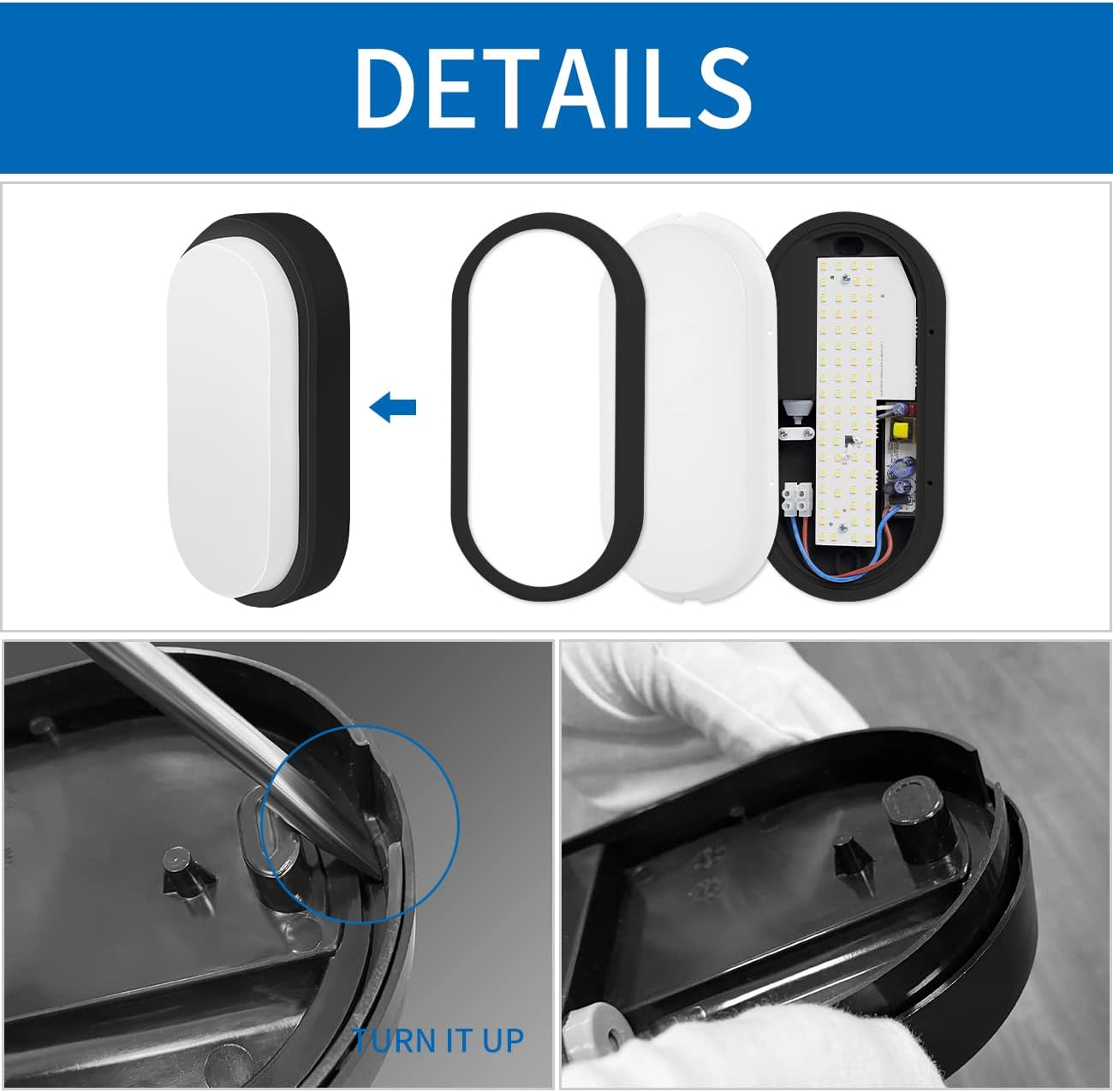 ANWIO 14W outside Black LED Oval Bulkhead Light, IP54 Waterproof Outdoor Porch Light, External Wall Ceiling Light, 980LM, 4000K Natural White (2 Pack)