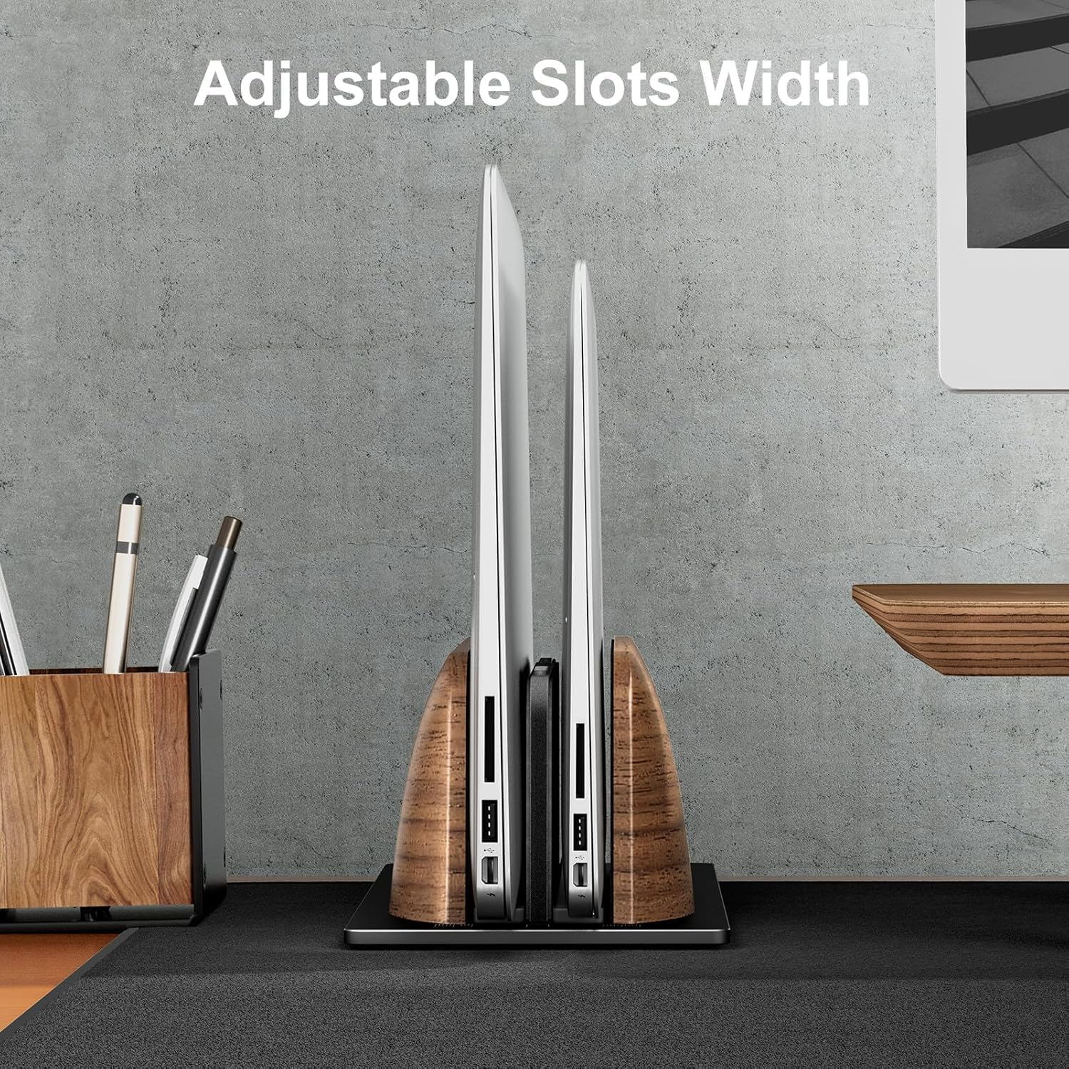 SHUOSUO Vertical Laptop Stand, Dual Slot Walnut Wood Laptop Holder for Desk, Natural Wooden & Aluminium Width Adjustable Dock for Macbook and Other Laptops image number 2