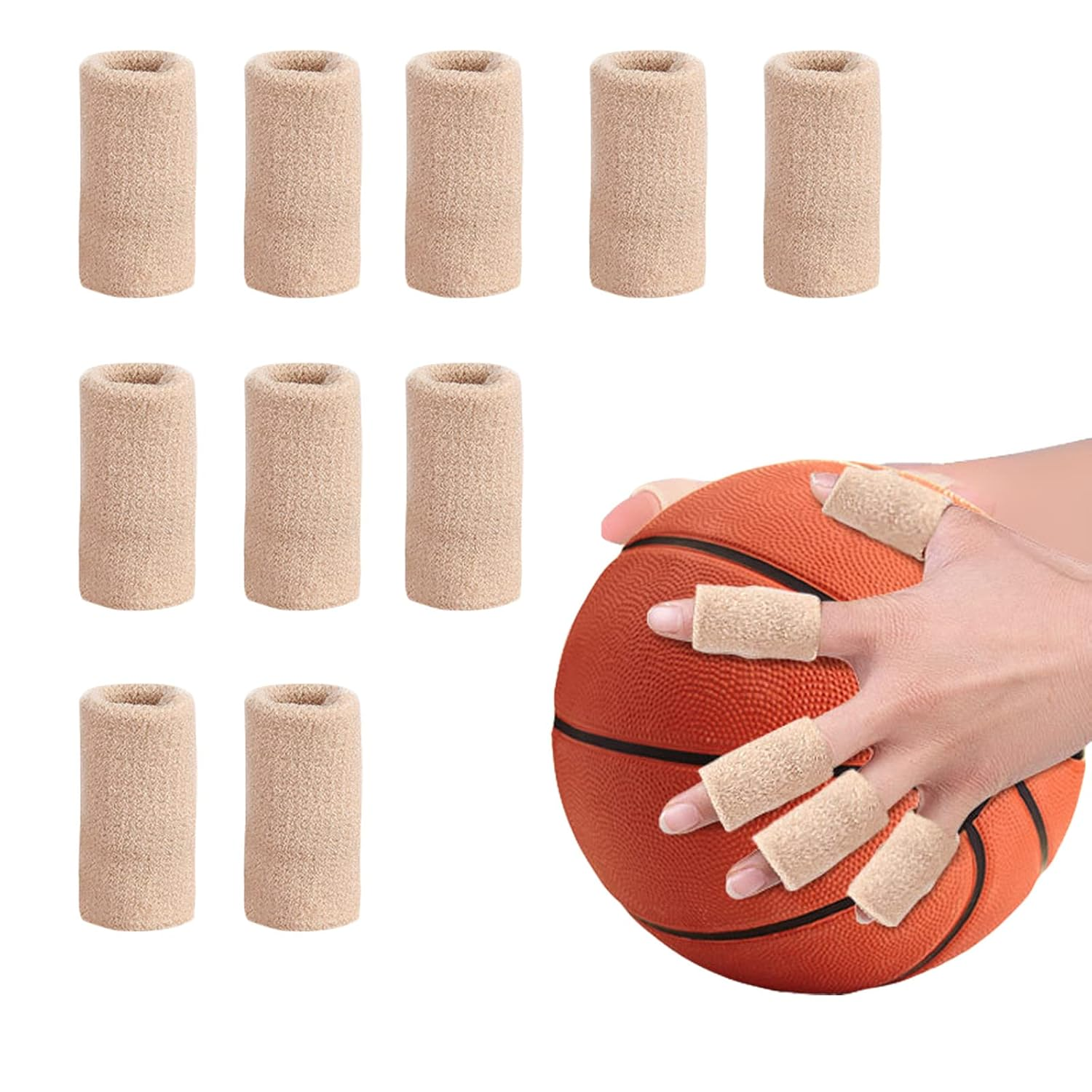 10PCS Finger Sleeves Protectors Thumb Brace Support Elastic Compression Protector for Trigger Finger Arthritis Swelling Basketball Sport, Breathable Elastic Pain Relief (Beige)