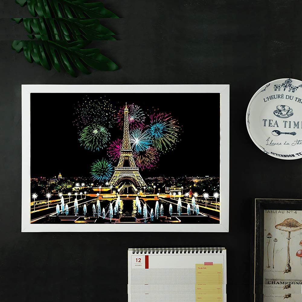 MIASTAR Scratch Paper Rainbow Painting Sketch Pads DIY Art Craft Night View Scratchboard for Adults and Teens - Scratch Painting Creative Gift - 2 Packs & Pen, Clean Brush, 16&rdquo; X 11.2&rdquo; (Paris/Louvre) image number 5