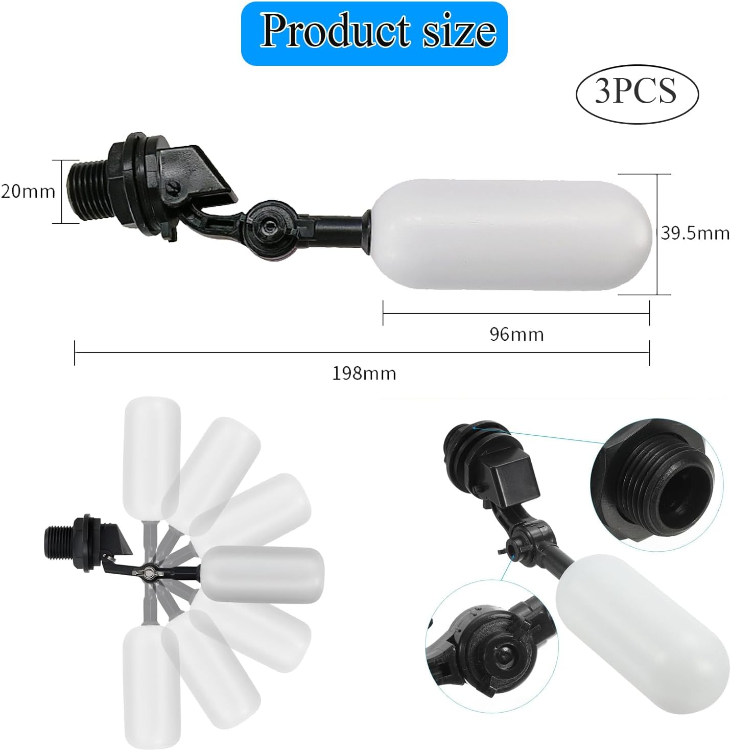 Xinghonyac 3 Pcs Float Valve Set, 1/2-Inch Water Supply Pipe Float Valve with Adjusting Arm Float Ball Valve for Swimming Pool, Aquarium, Automatic Waterer Bowl Tank Trough (Black) image number 2