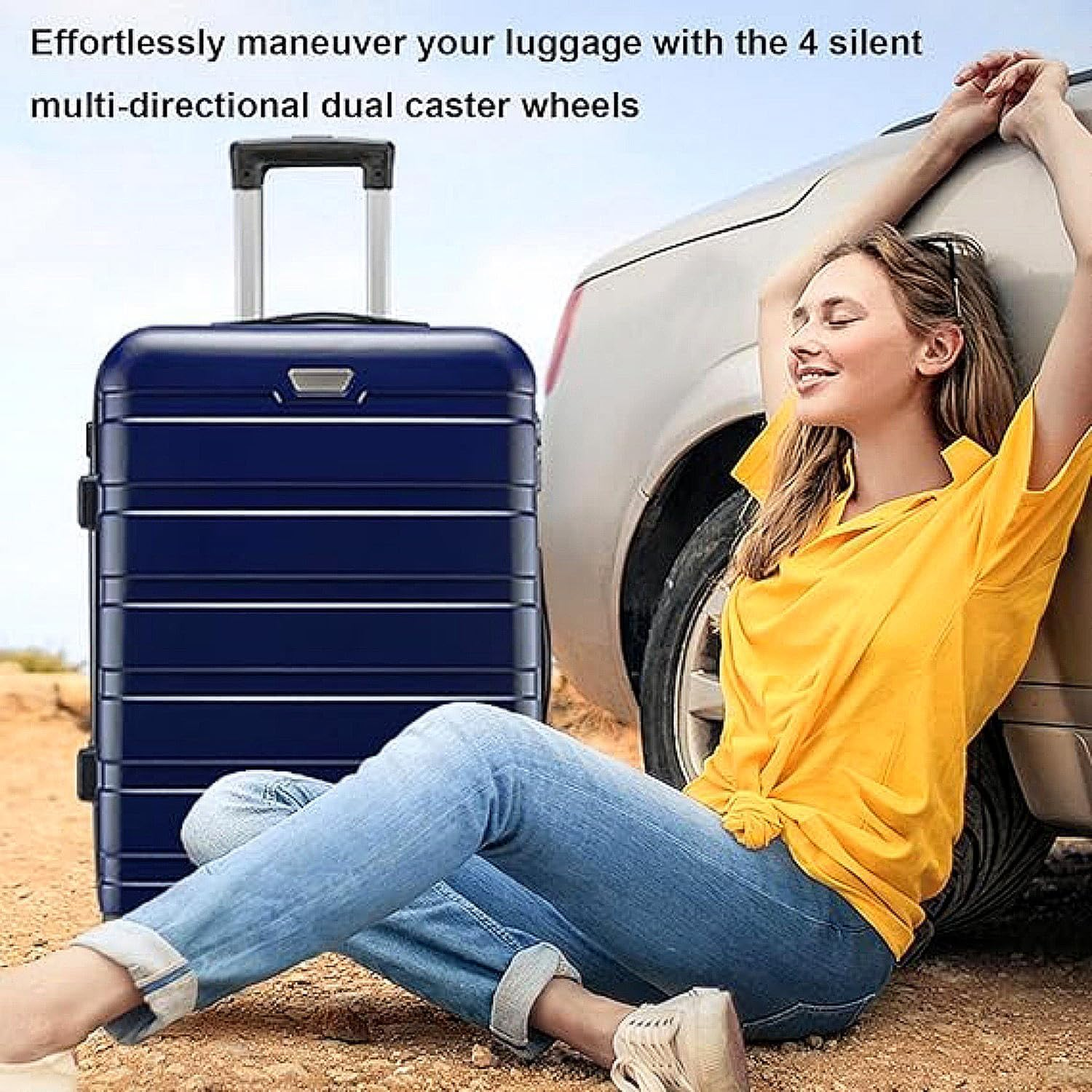 3Pcs Luggage Set, Trolley Suitcase Hand Luggages Hard Case Shell, Expandable Spinner Suitcase, Travel Strap Bag Carry on Adult Kids Lightweight Roller, Blue (20" 24" 28") image number 6