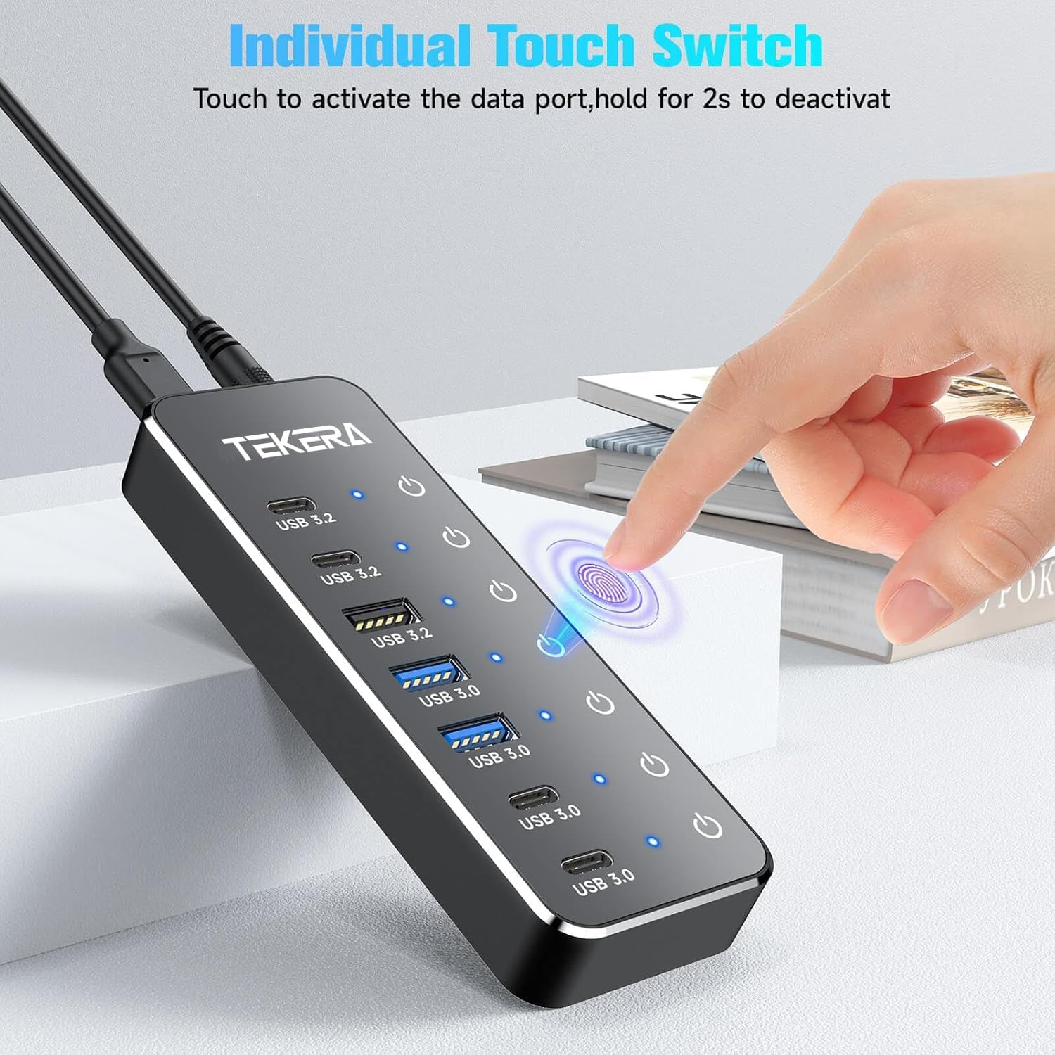 7-Port Powered USB 3.2/USB-C Hub Splitter with 3 X 10Gbps USB-3.2 Ports (2C + 1A),4 USB-3.0 Ports (2C + 2A), 3.3Ft Cable, Touch Switches, and 5V Power Adapter for Laptop PC image number 2