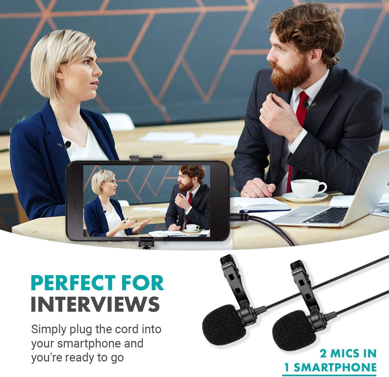 Movo PM20 Dual-Headed Lavalier Lapel Clip-On Omnidirectional Condenser Microphone for Apple Iphone, Ipad, Ipod Touch, Android and Windows Smartphones image number 3