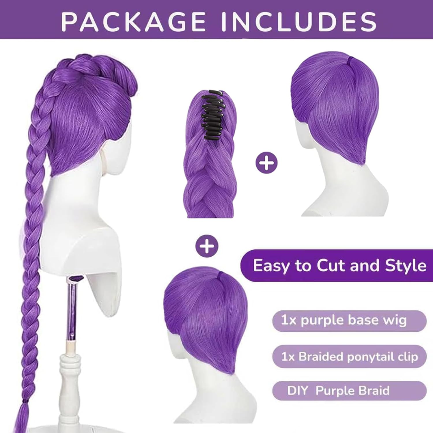 Long Purple Braided Wig, 47 Inches, Halloween Anime Costume Wig, Made of Heat-Resistant Synthetic Fiber, Ideal as a Halloween Cosplay Prop, Suitable as a Women or Girls (A) image number 4