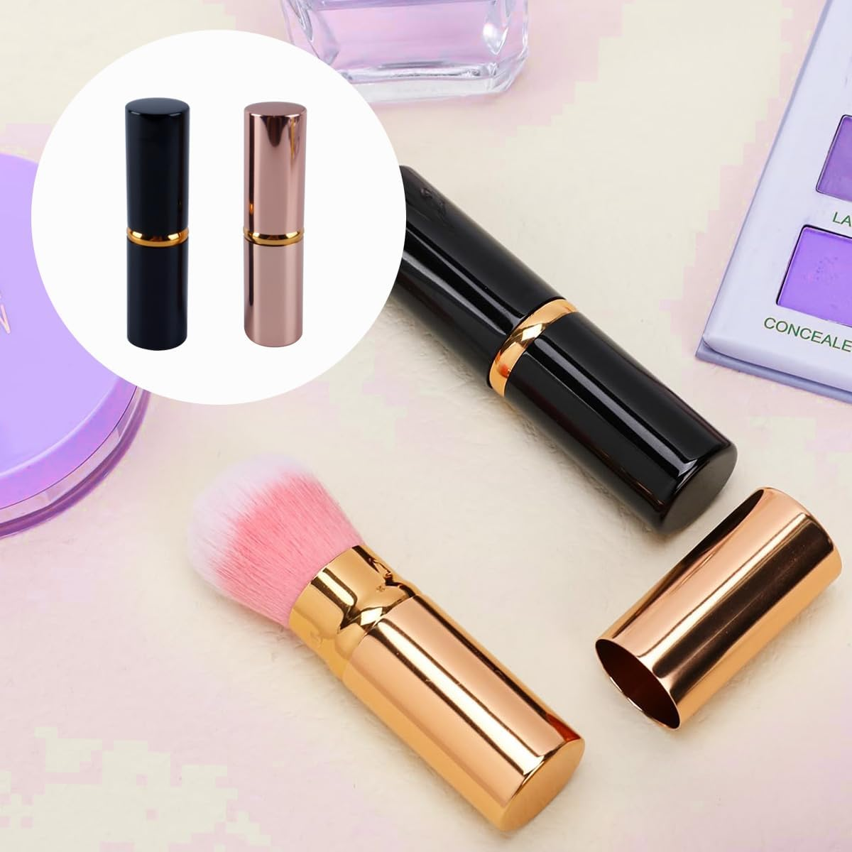 Orivin 2 Pieces Retractable Blush Brush with Makeup Brush for Liquid Cream, Foundation, Powder, Concealer, Professional Blending on the Face image number 2