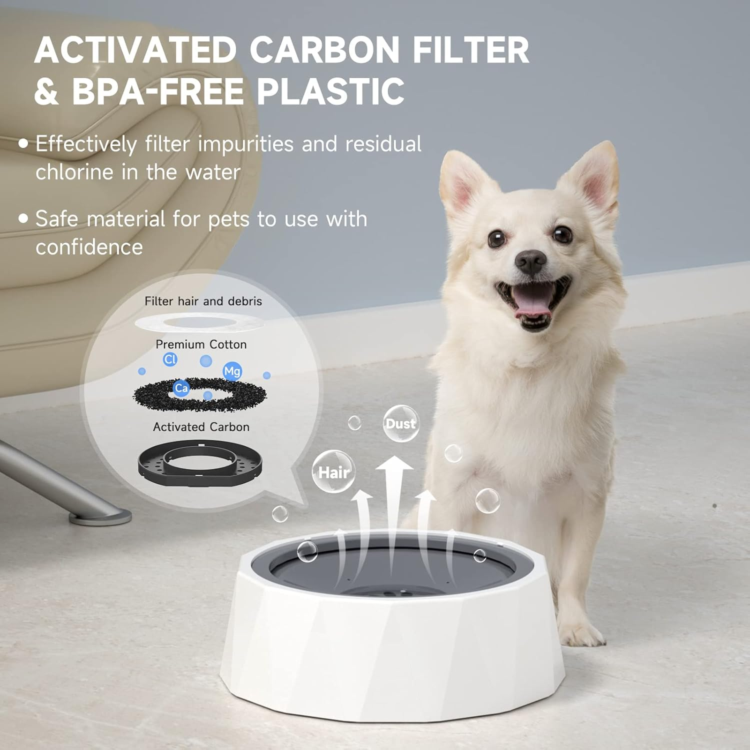 ELS PET Dog Bowl No Spill, Pet Water Bowl No Drip Slow Water Feeder Cat Bowl, Pet Water Dispenser Large Capacity Travel Water Bowl for Dogs, Cats (1L, Grey with Filter) image number 3