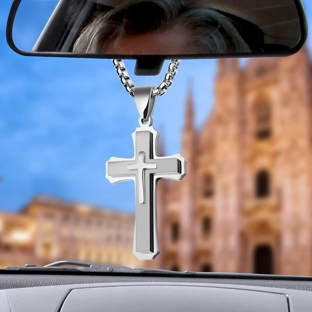 Pendant Cross for Car Rearview Mirror Hanging Accessories Cross Charm Car Mirror Decor Hanging Ornament for Auto Interior Truck Christian Cross Necklace for Men Women Jesus Holy (Silver)