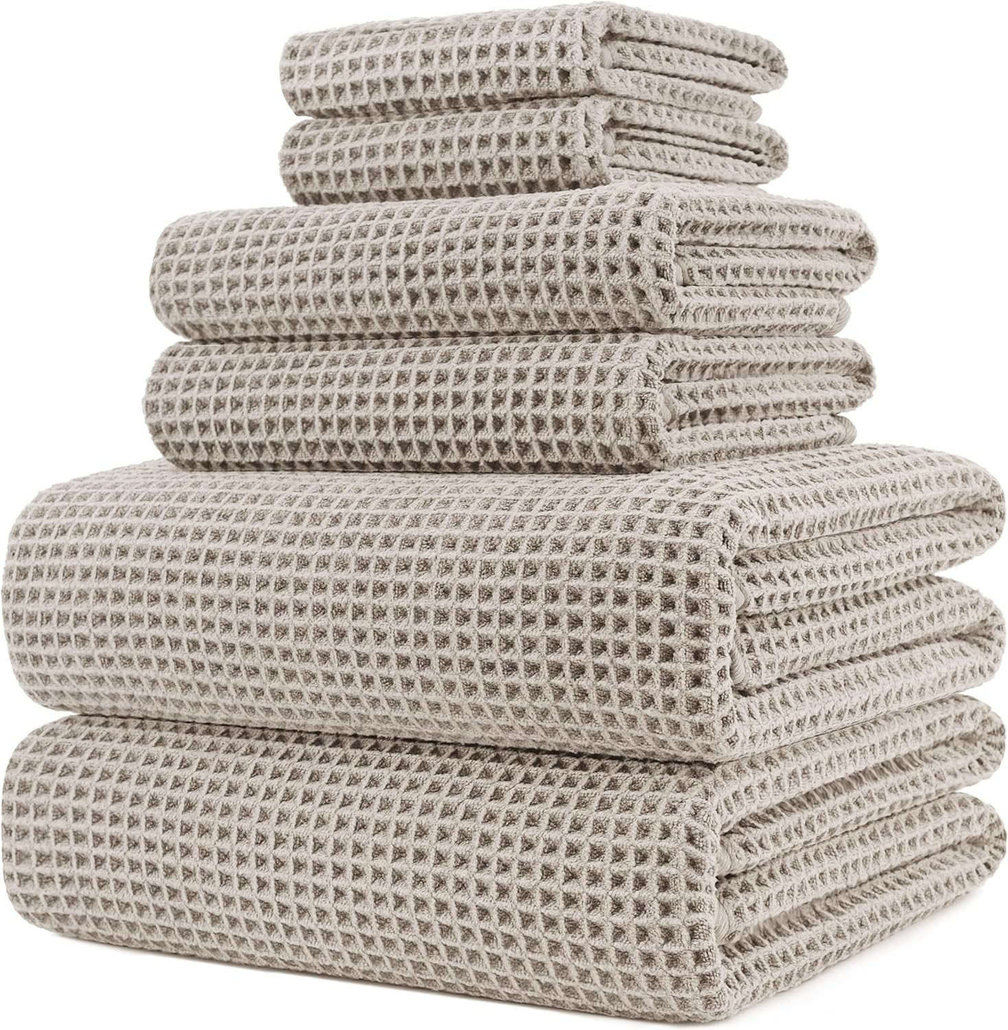 Polyte Microfibre Oversize, 76 X 152 Cm, Quick Dry Lint Free Bath Towel Set, 6 Piece (Beige, Waffle Weave)