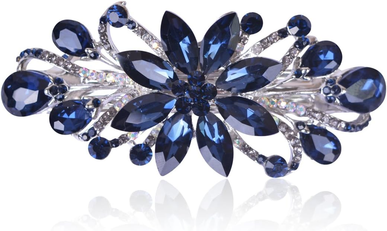 Sankuwen Flower Luxury Jewelry Design Hairpin Rhinestone Hair Barrette Clip (Dark Blue)