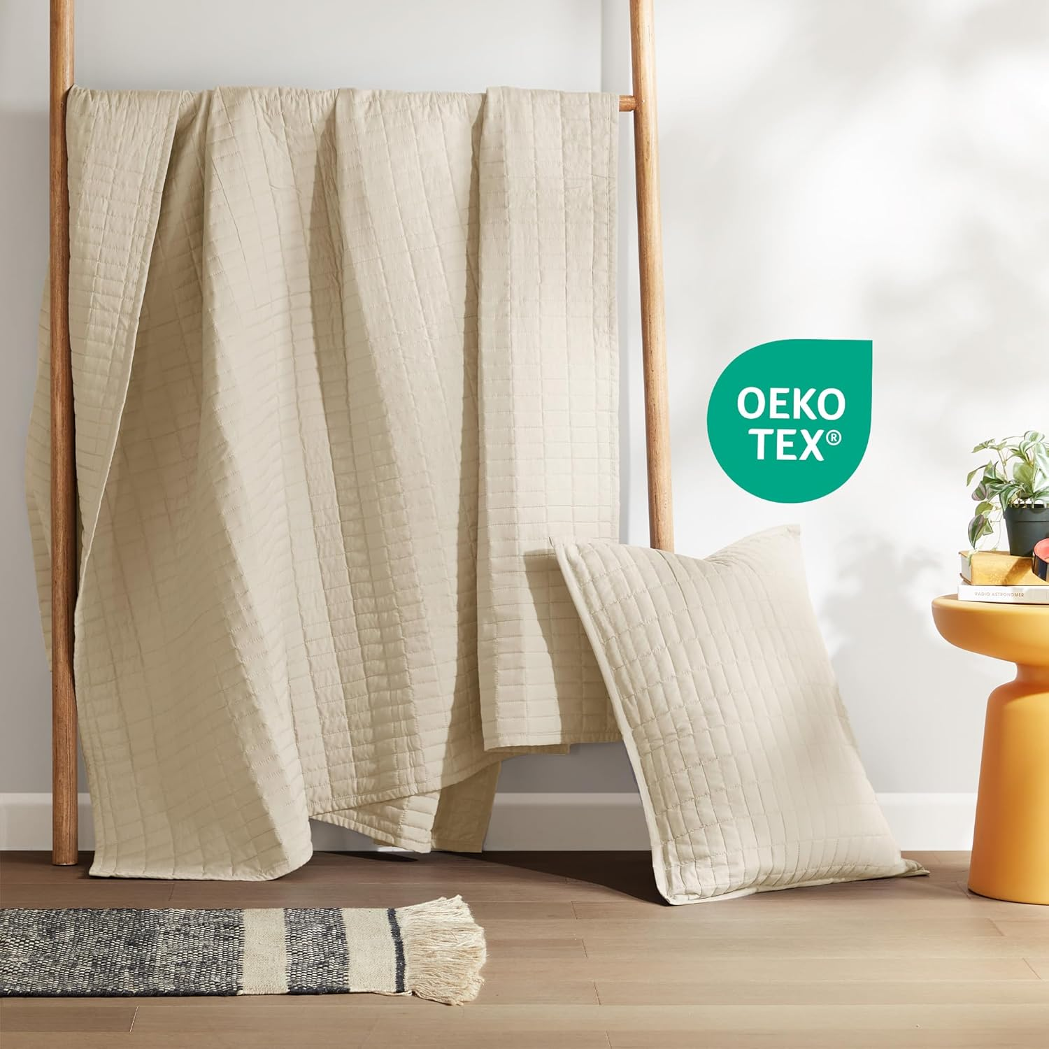 Comfort Spaces Kienna Quilt Set-Luxury Double Sided Stitching Design Summer Blanket, Lightweight, Soft, All Season Bedding Layer, Matching Sham, Ivory, Coverlet Twin/Twin Xl(66"X90") 2 Piece image number 3