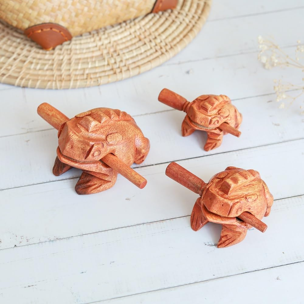Brown Thai Percussion Instruments Wooden Frog 3 Pcs Set of 4 Inch Frog, 3 Inch Frog, 2.25 Inch Frog, Wooden Frog Musical Instrument Home Decor (Brown Color) - Brown Color image number 5