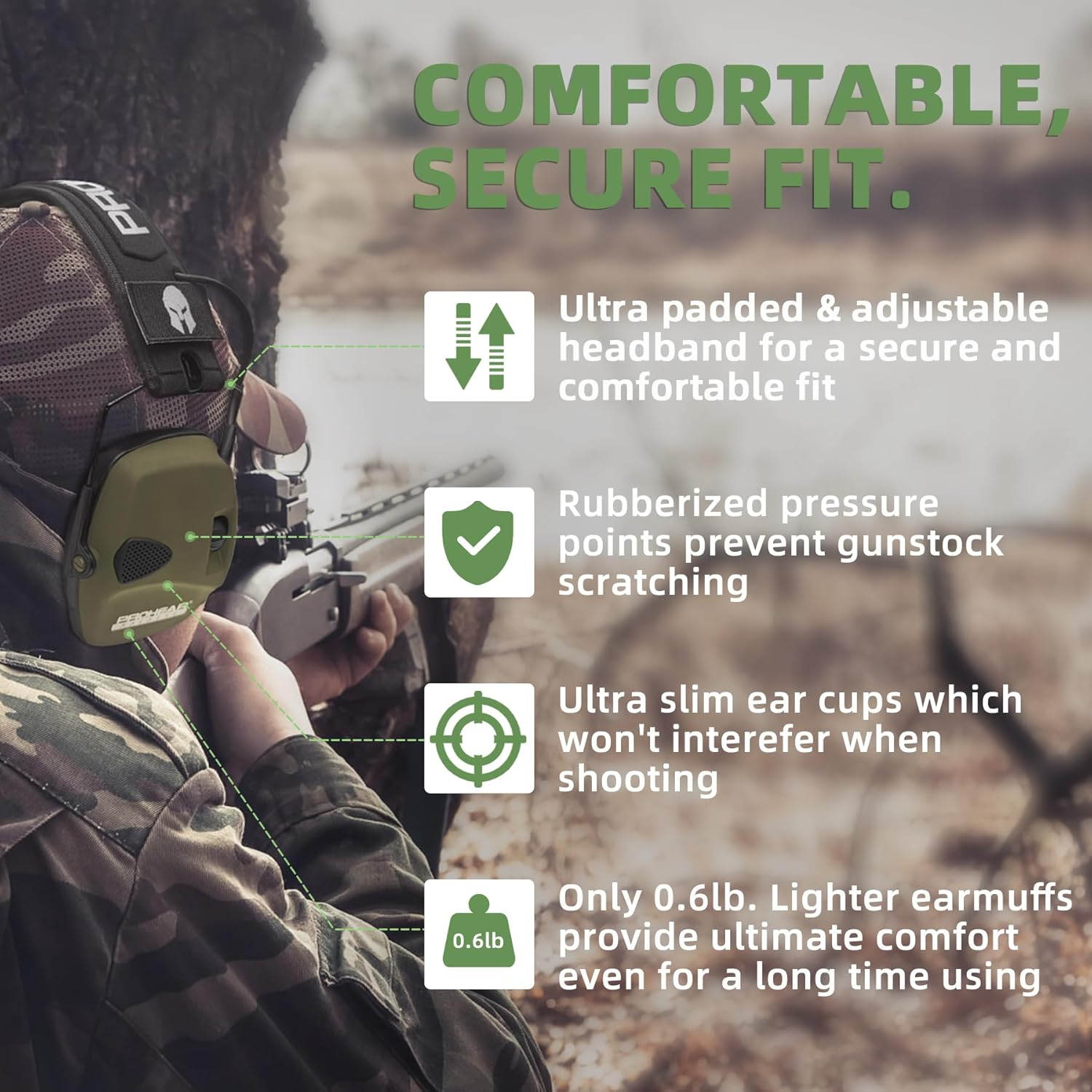 PROHEAR Electronic Ear Protection for Shooting with 4X Sound Amplification, Gun Range Hearing Protection Muffs, NRR 23Db Noise Reduction Headphones for Hunting, Green