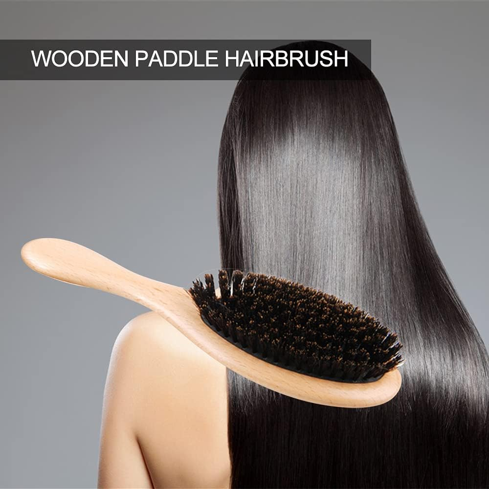 RAYWE Natural Boar Bristle Hair Brush Wooden Paddle Hairbrush Detangling Hairbrush image number 5