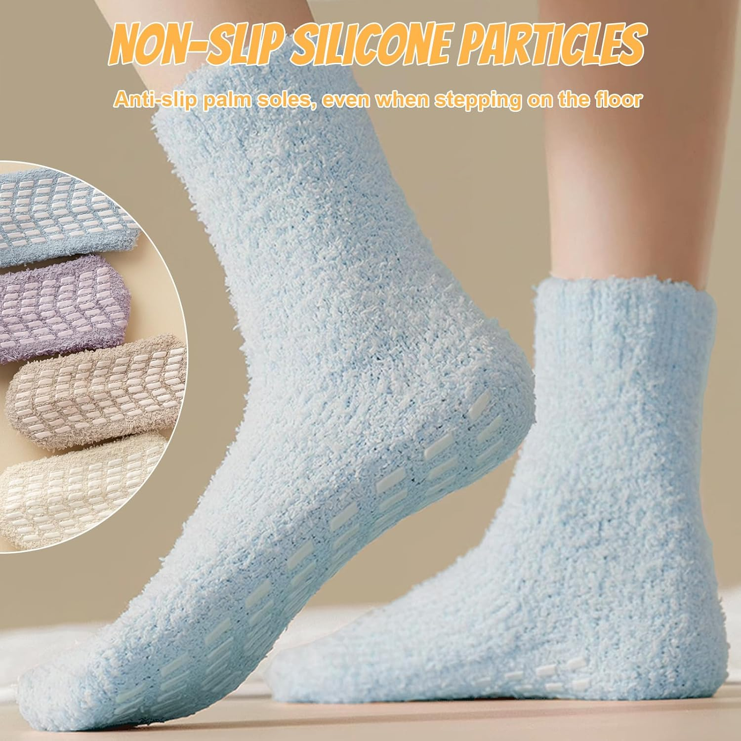 Unisex 3-Pack Non-Slip Winter Socks - Couple Cozy Thermal Fleece Bed Socks with Anti-Skid Grips - Soft Coral Fluffy Floor Sock for Sleeping, Lounge & Home Mid-Crew image number 2