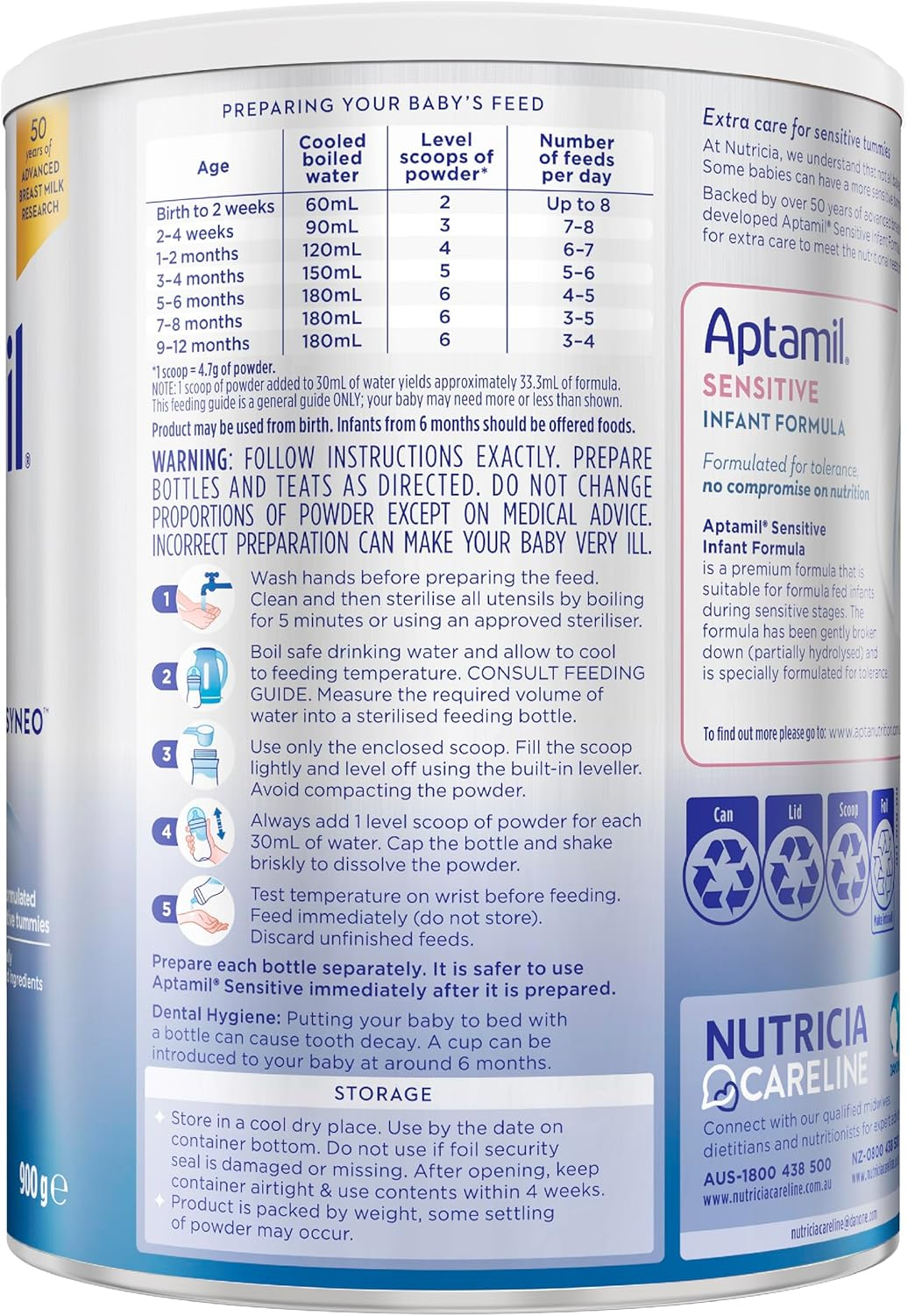 Aptamil Sensitive Premium Infant Formula, Gently Formulated for Sensitive Tummies, Formula Partially Hydrolysed, Scientifically Researched Ingredients, Infant Formula from Birth to 12 Months, 900G