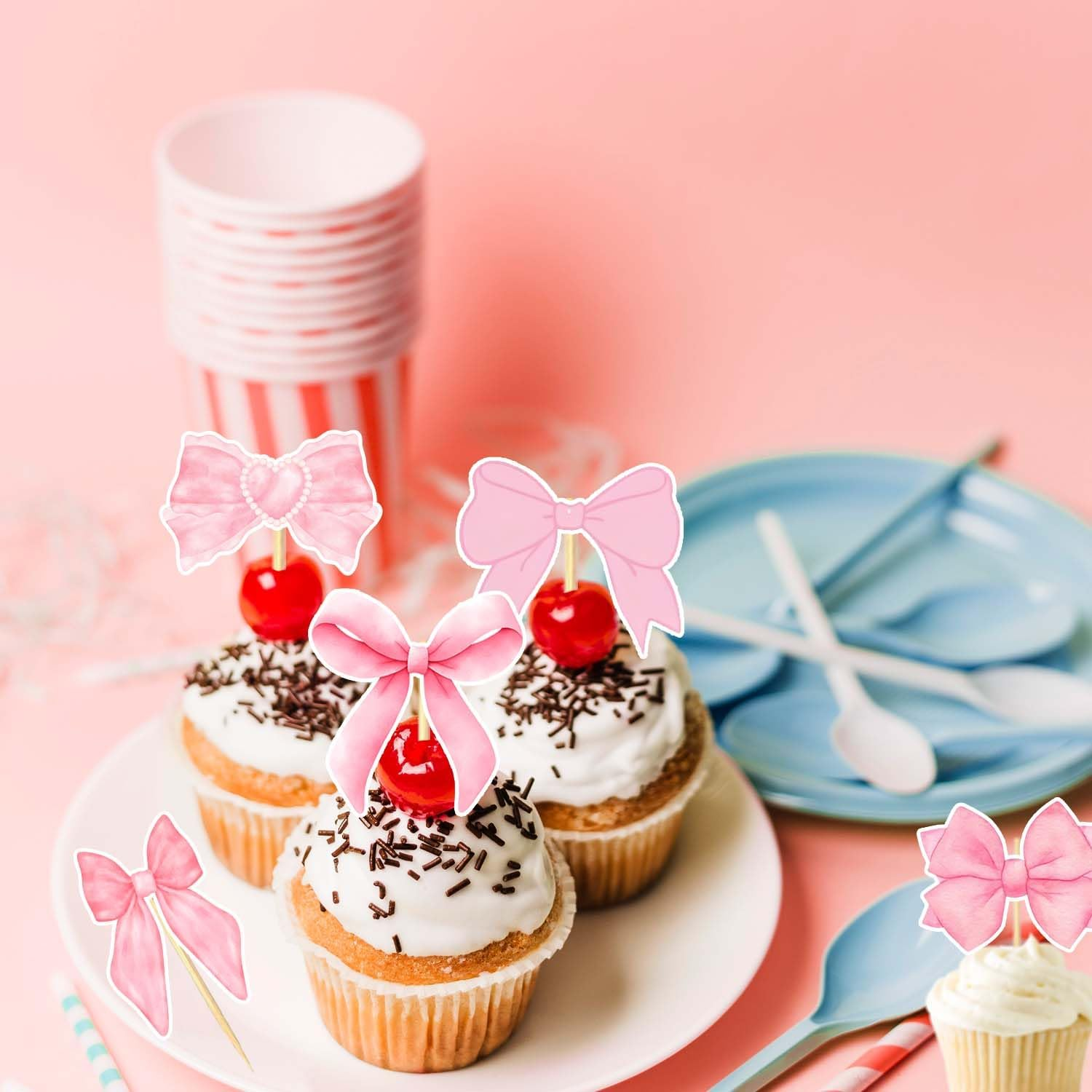 24PCS Coquette Bow Cupcake Toppers, Pink Bow Coquette Birthday Cake Decorations for Bachelorette Bridal Engagement Wedding Girl Baby Shower Bow Theme Party Decor