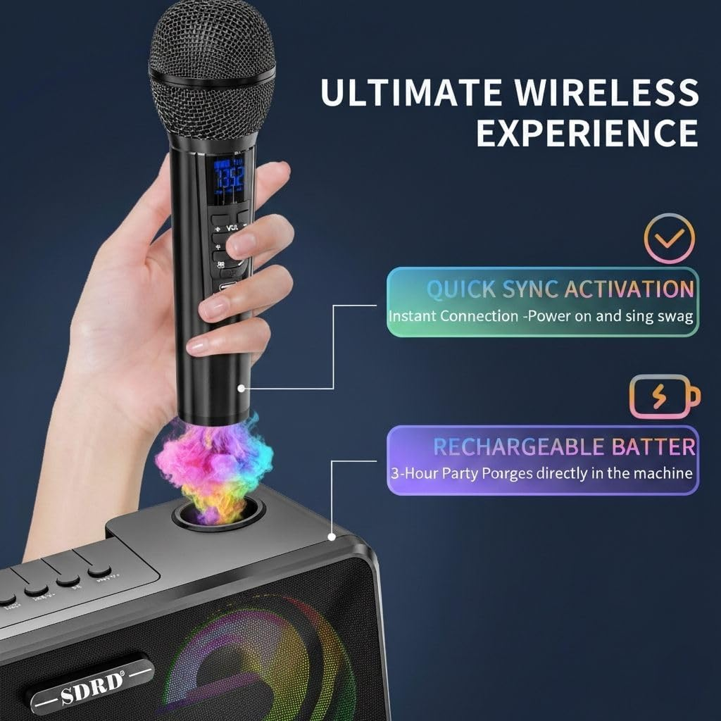 Karaoke Machine with Two Wireless Microphones, Portable Bluetooth Speaker, Karaoke Machine for Adults and Kids, PA System for Home Party, Outdoor, LED Lights, Supports USB/AUX/TF Card Bluetooth image number 3