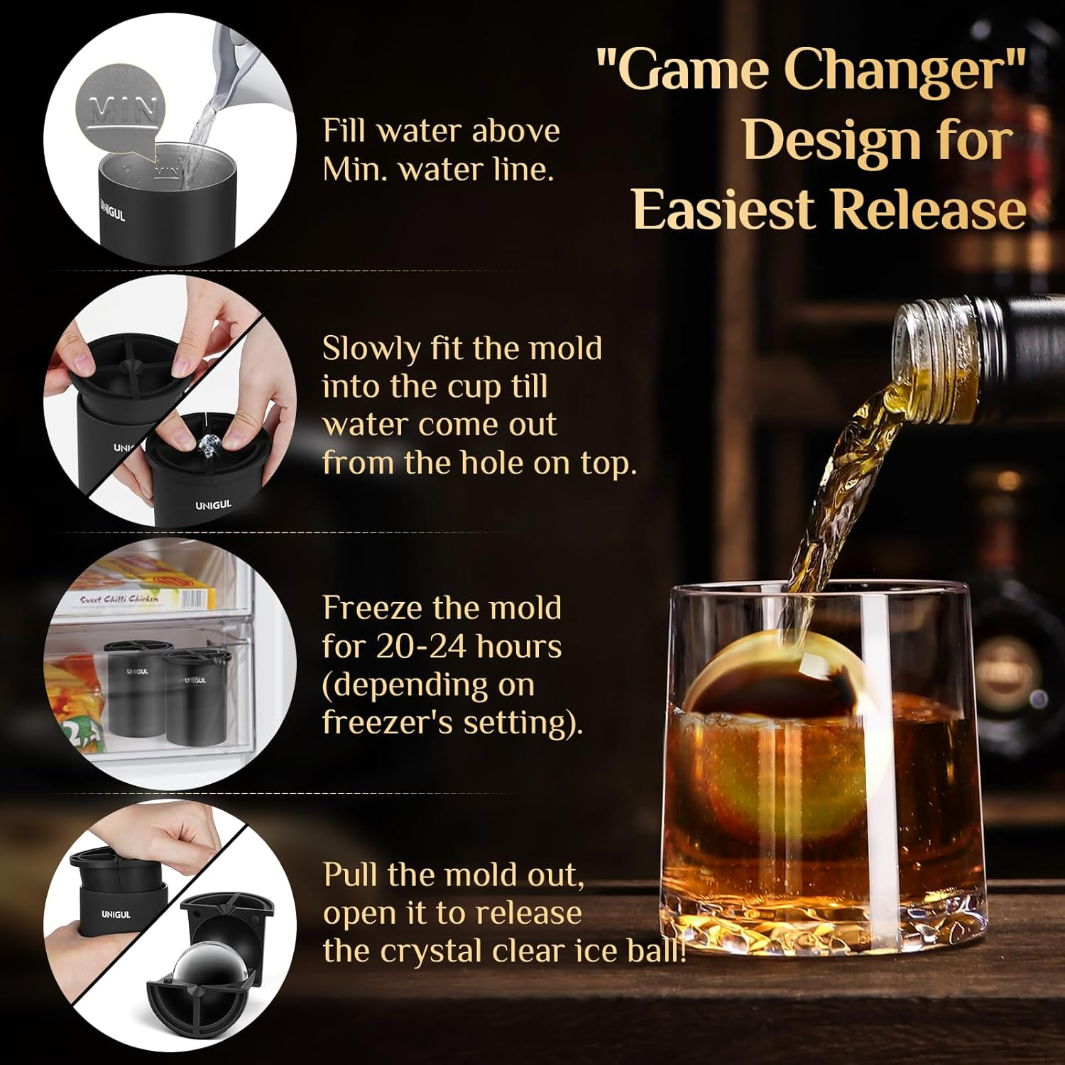 Clear Ice Cube Maker, 2.5" Stainless Steel Crystal Clear Ice Ball Maker, Non-Bpa Premium Silicone Ice Cube Molds for Whiskey & Cocktails, Easy-Release Sphere Ice Maker, Bourbon Gifts for Men image number 5