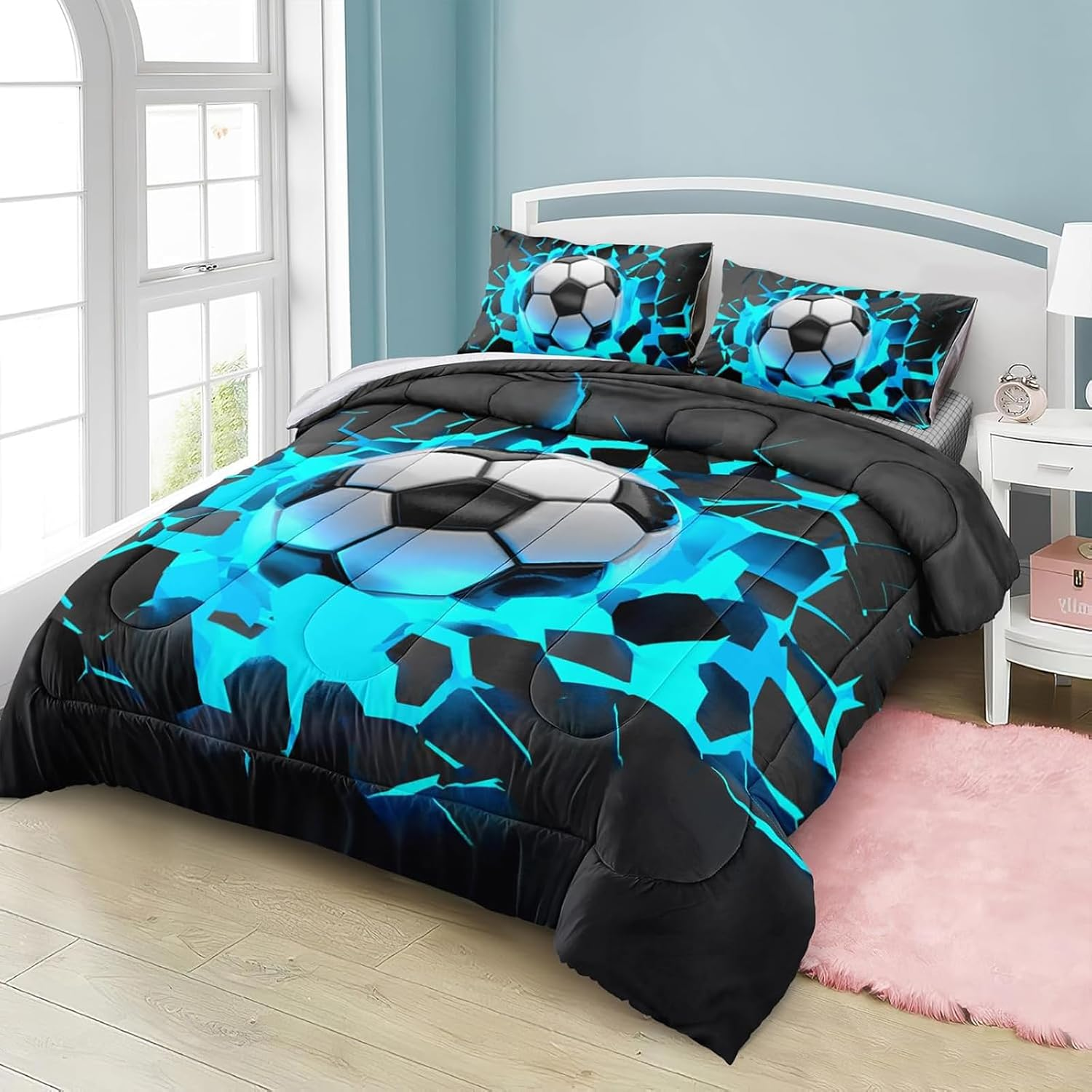 Tabeskly Kids Boys Black White Blue Football Soft Zipper Bed Bedding Duvet Cover Set Single 135&times;200Cm image number 4