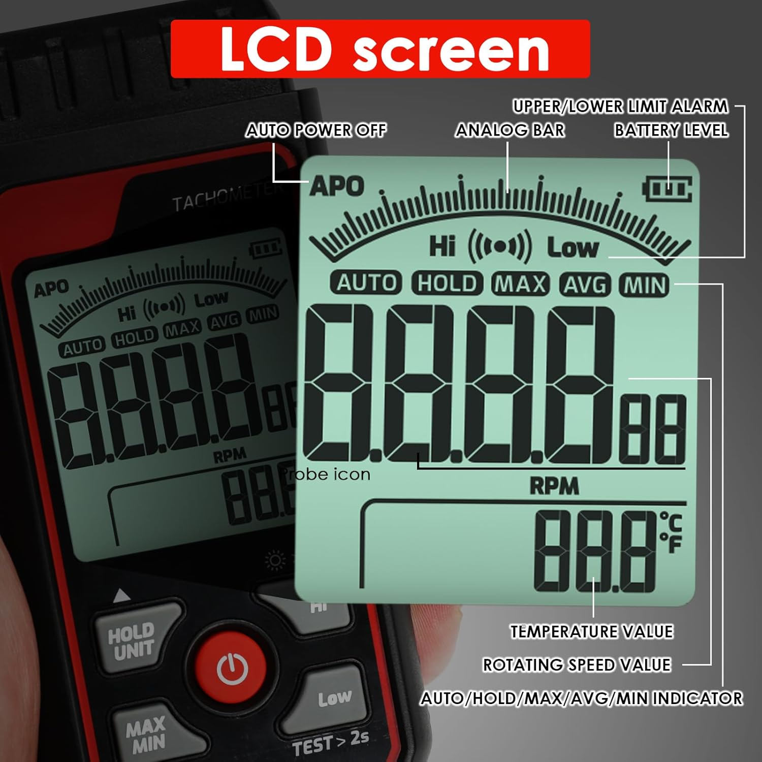 Non-Contact Digital Tachometer RPM Meter Speed Gauge Laser Photo Tachometer with 2.5~99999 RPM Range, Backlit Display | Analog Bar Scale | Custom Alarms for HVAC Motor Engine Speed Tester image number 3
