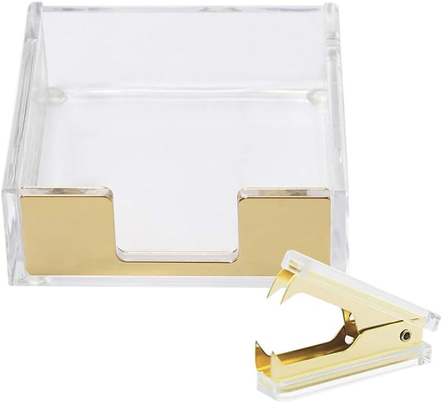 Multibey Clear Acrylic Desktop Set Self-Stick Note Holders & Staple Removers Tool Memo Pad Holder Dispenser Office School Supplies (Gold)