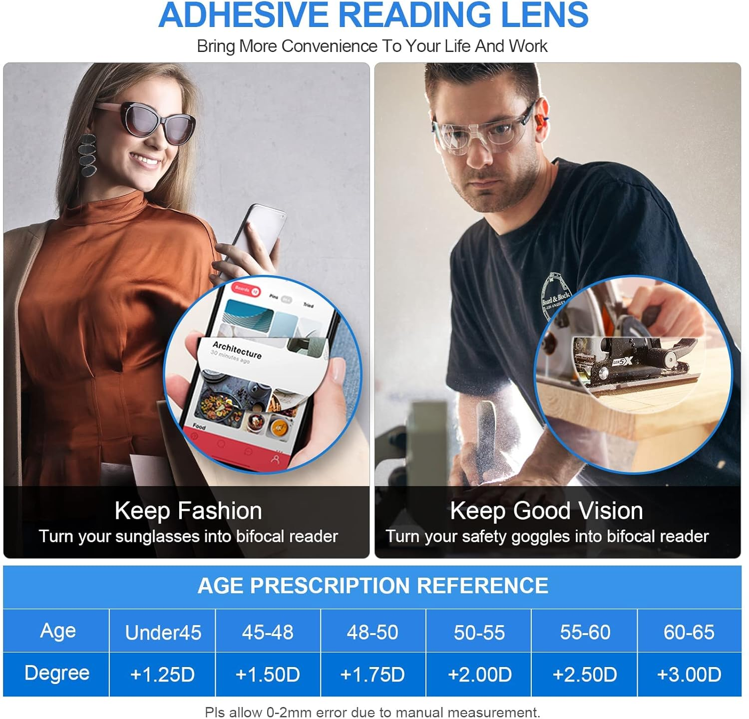 OKH 3 Pairs Stick-On Bifocal Lenses Reader, Reusable Stick on Adhesive Magnifying Reading Lenses for Sunglasses/Sport Glasses/Ski Goggles, No Water Needed