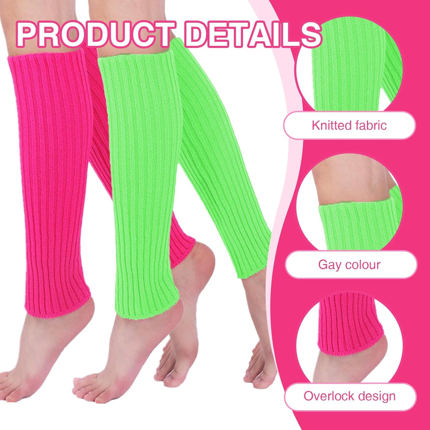 COWANIEE 2 Pairs Neon Leg Warmers+2 Pairs Fishnet Gloves 80S Fancy Dress Costume for Women and Girls (Rose Red, Fluorescent Green) image number 6