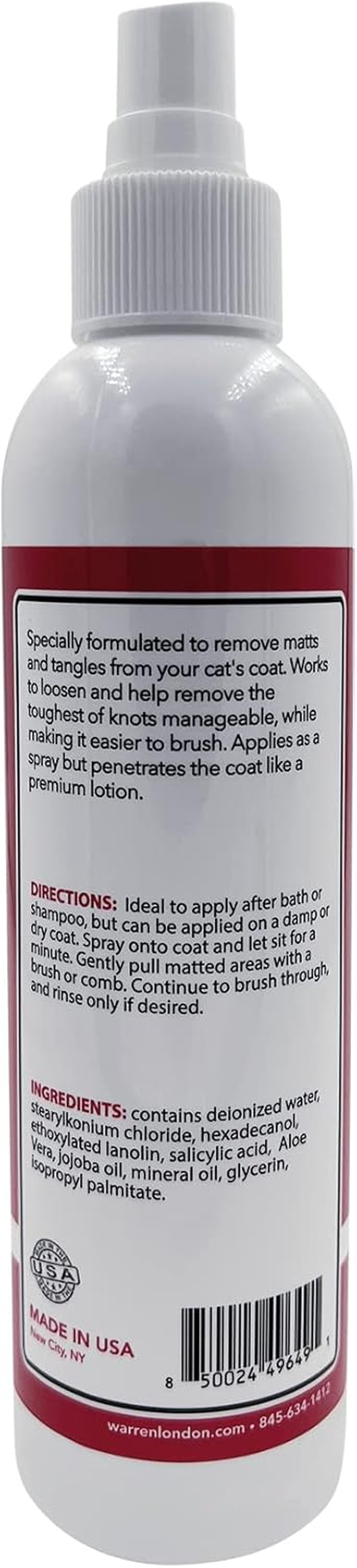 Warren London Cat Detangler Spray for Matted Hair | Leave in Conditioner Pet Detangling Spray That Demattes & Refreshes | Use with Cat Brush or Grooming Glove | Made in USA | 8Oz