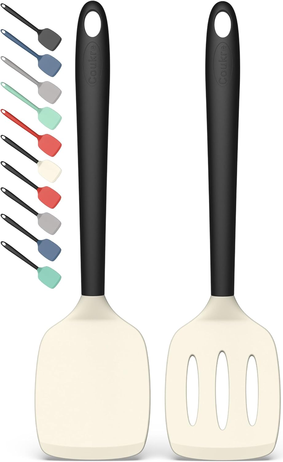 Coukre 2 Pack Silicone Spatula Set, High Heat Resistant, BPA Free Kitchen Spatula, Solid & Slotted Turner for Non-Stick Pans, Saut&eacute;ing, and Flipping (2, Beige)