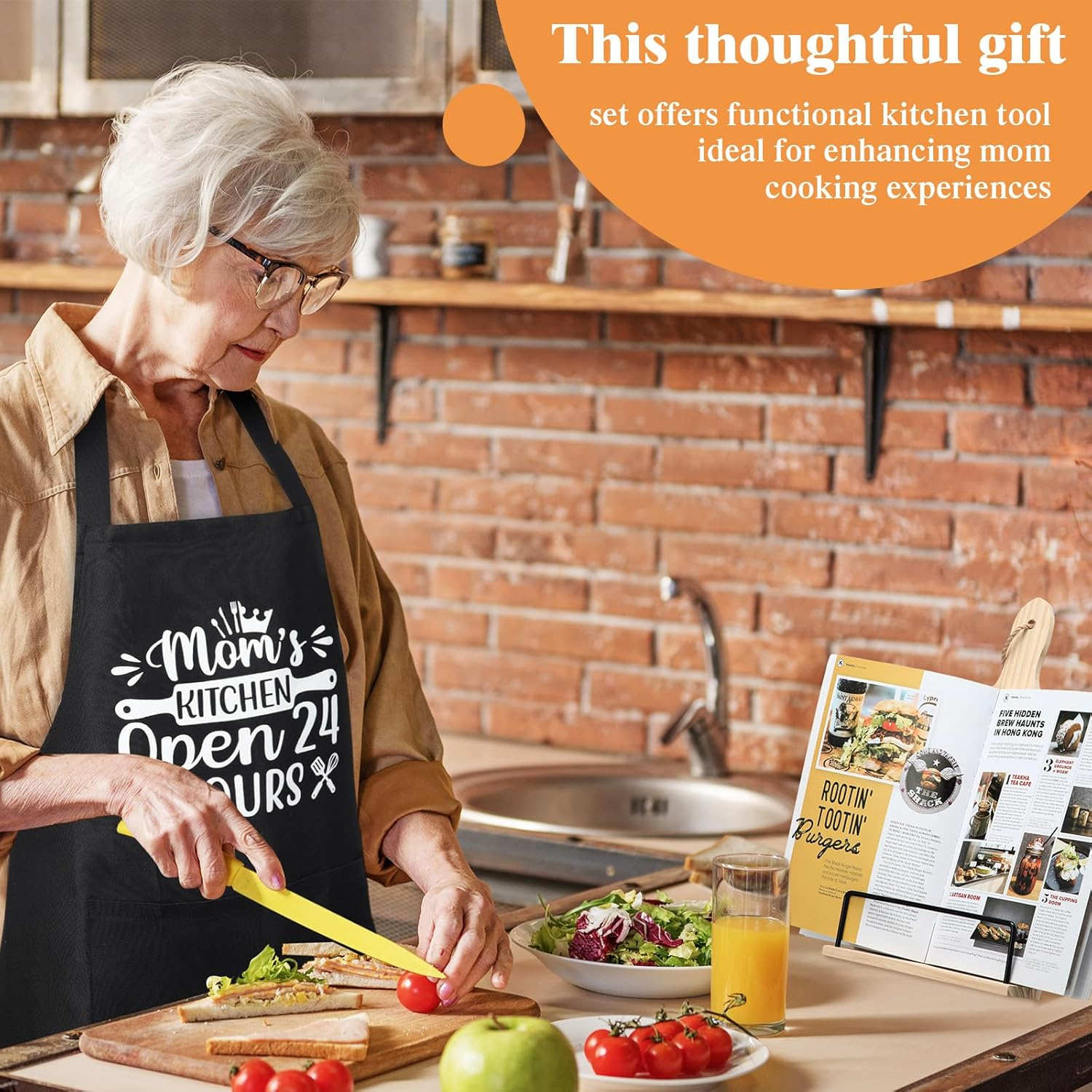 7 Pcs Gifts for Grandma Mom NANA, Christmas Gifts Birthday Gift Wooden Adjustment Cookbook Stand Cooking Utensils Set Kitchen Apron for Birthday Christmas Thanksgiving Winter Gift (Mom) image number 1