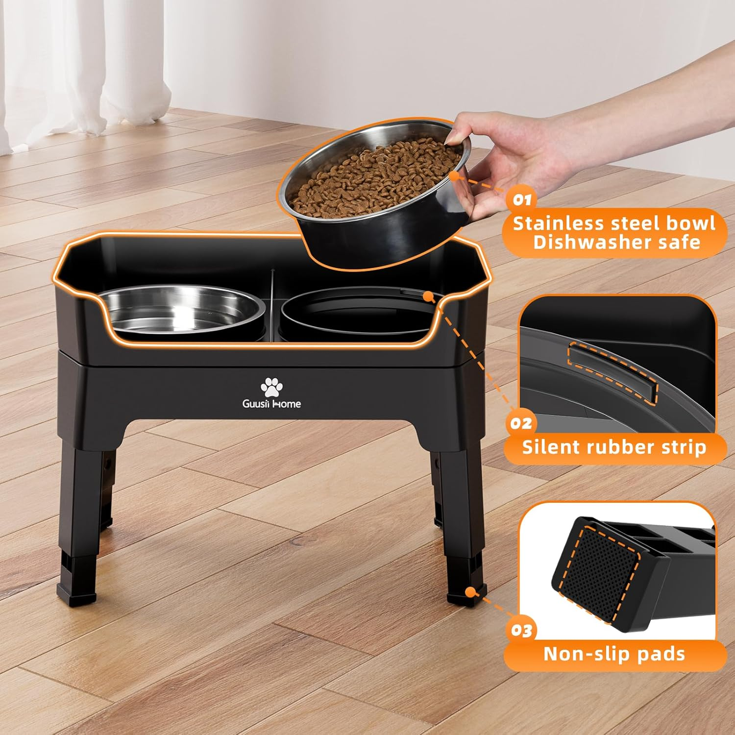 GUUSII HOME Elevated Dog Bowl with Stand Raised Feeding Station for Large Medium Small Sized Dogs Licking Plate Slow Food and Water Dish Set Adjustable Height 43.5 * 26.7 * 16/28.7/32.7/36.7Cm 1600Ml