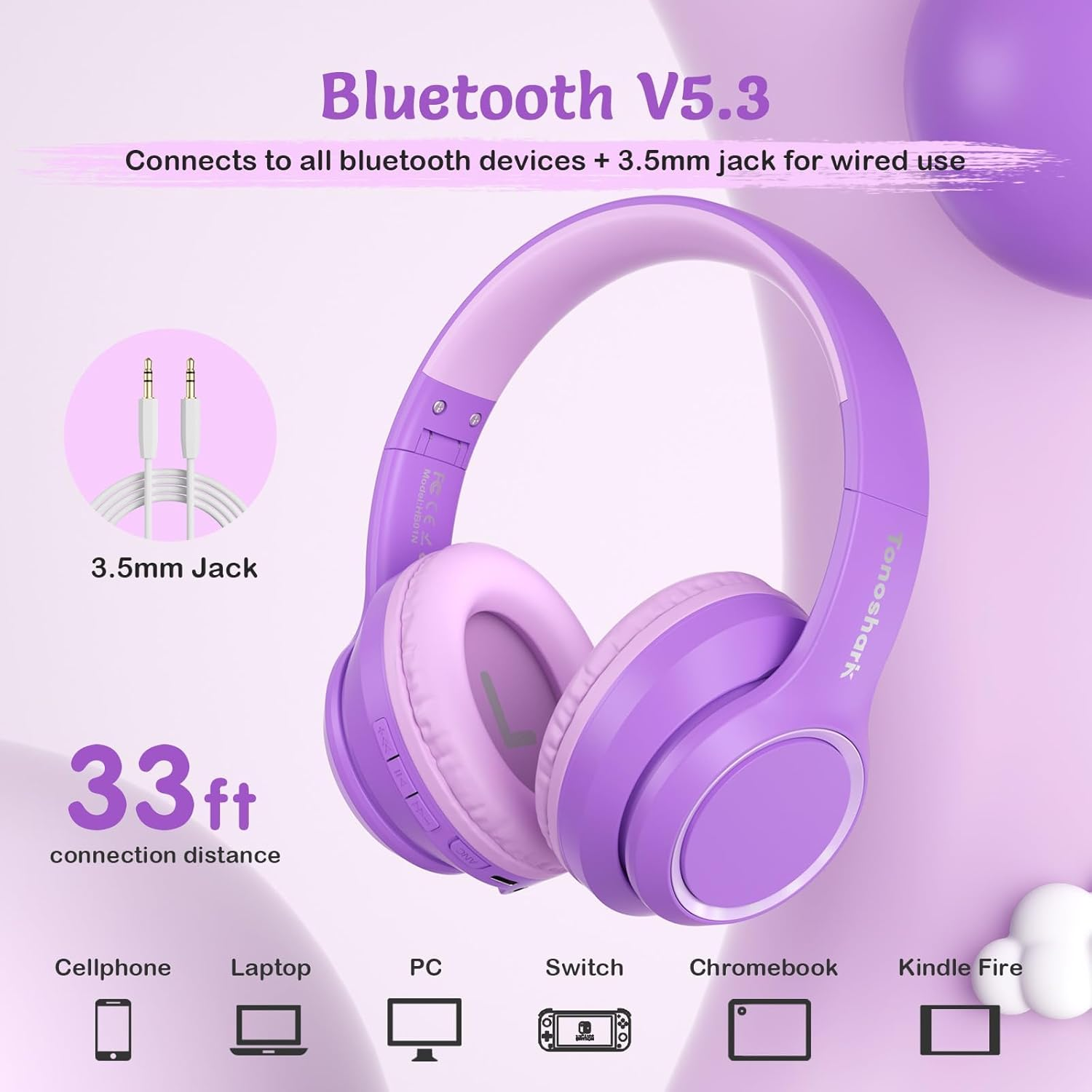 TONOSHARK Kids Headphones Wireless, Active Noise Cancelling Headphones for Kids, 60H Playtime, Bluetooth Over-Ear Headset Built-In Microphone for Home/School/Travel - Includes Portable Case (Purple)