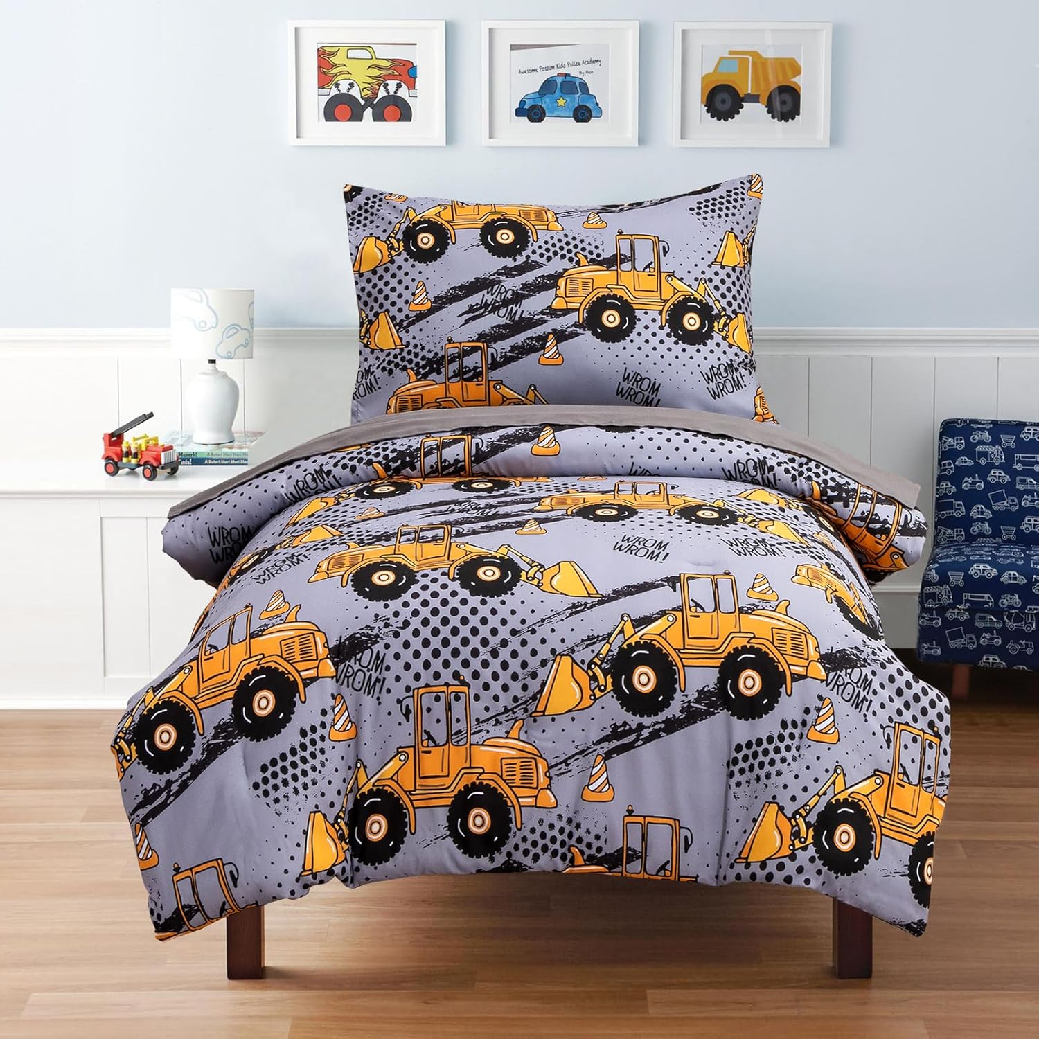 NTBED 4 Pieces Construction Toddler Bedding Set for Baby Boys, Truck Vehicles Excavator Cars Printed, Includes Comforter, Flat Sheet, Fitted Sheet and Pillowcase,Light Blue