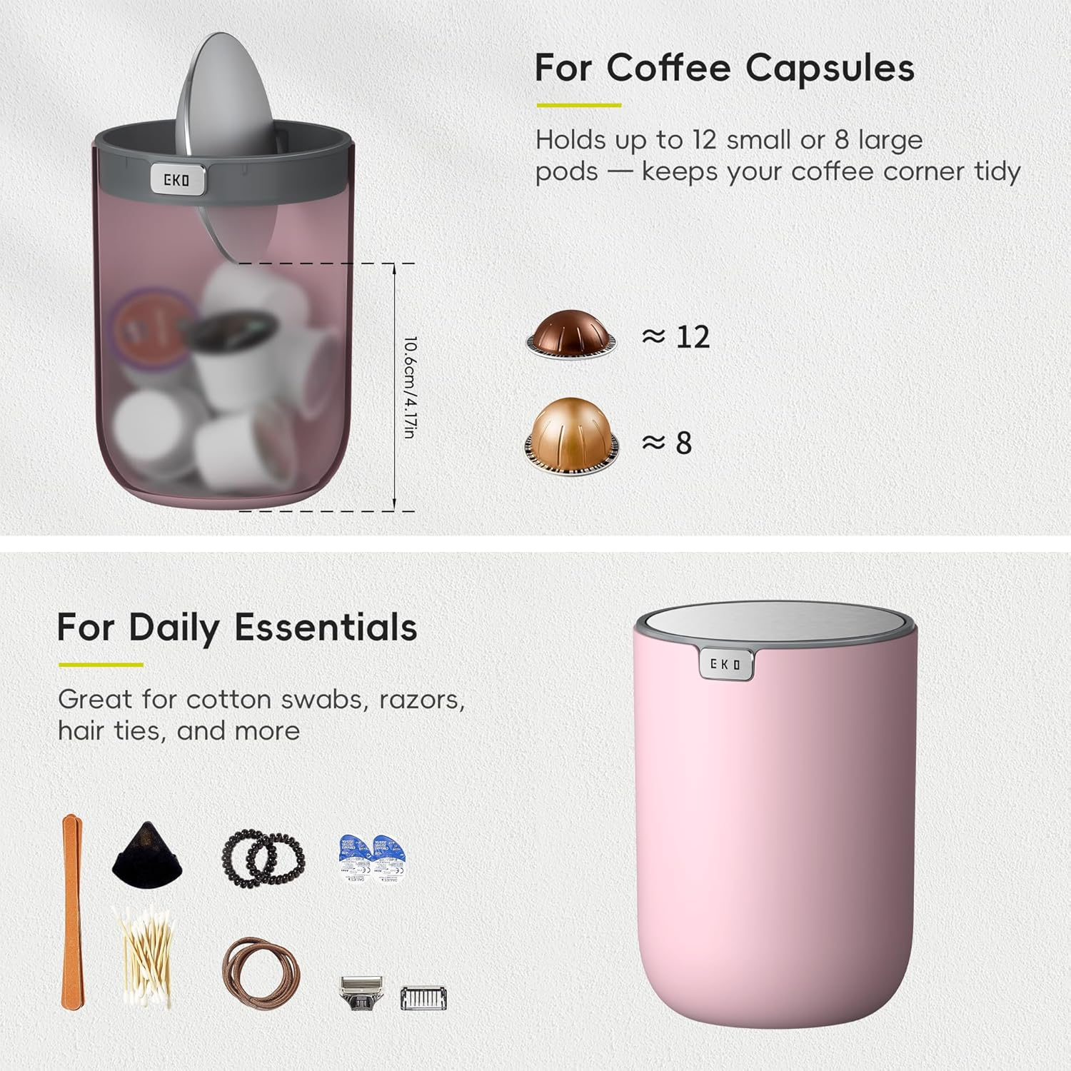 EKO 1.5L Mini Desk Bin with Swing-Top Lid,Small round Tabletop Rubbish Bin and Storage Pot for Stationery, Makeup and Small Waste, Desktop Bin for Office, Home or Car (Pink) image number 2