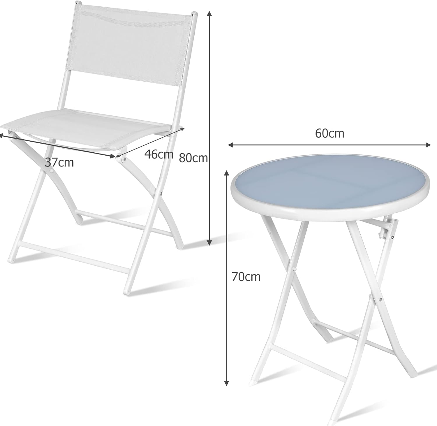 Costway Bistro Table Set, 3 Piece Patio Bistro Set, Outdoor Folding Table and Chairs, Foldable Patio Dining Set, Porch Furniture Set Garden Backyard Metal Frame No Assembly (White) image number 2