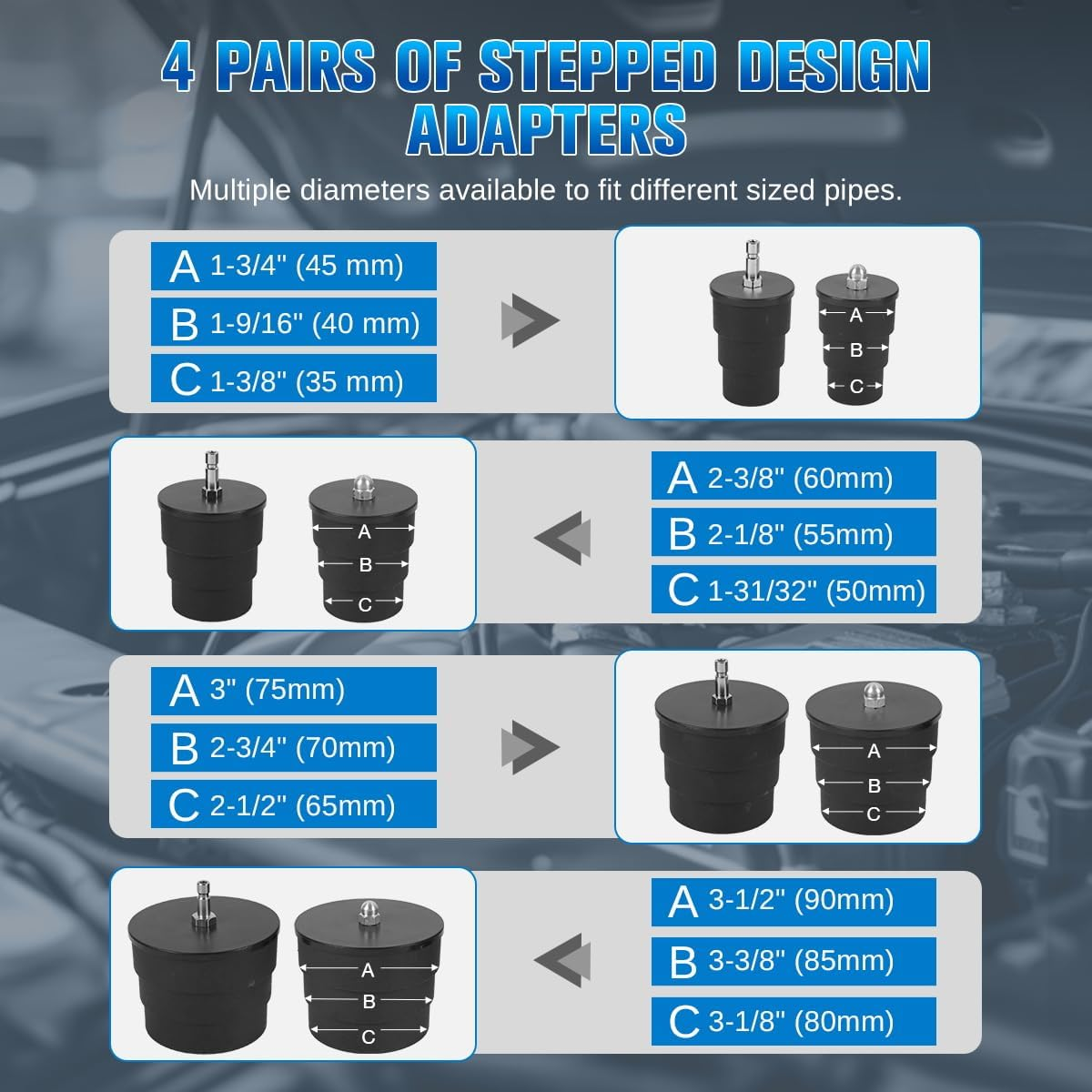 Turbo Boost Leak Tester Kit 10PC Boost Leak Tester Automotive Well-Sealed Turbo/Emission/Cooling System Pressure Leakage Tester with 4 Pairs of Stepped Adapters 1-3/8" to 3-1/2", US & EU Air Fitting image number 1