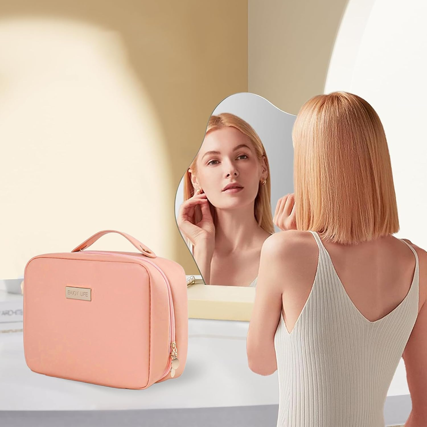 Travel Makeup Bag, Large Capacity Cosmetic Bag, PU Leather Waterproof Cosmetic Bag, Women Portable Travel Makeup Bag with Handle and Free-Standing Brush Holder, Pink, Elegant image number 5