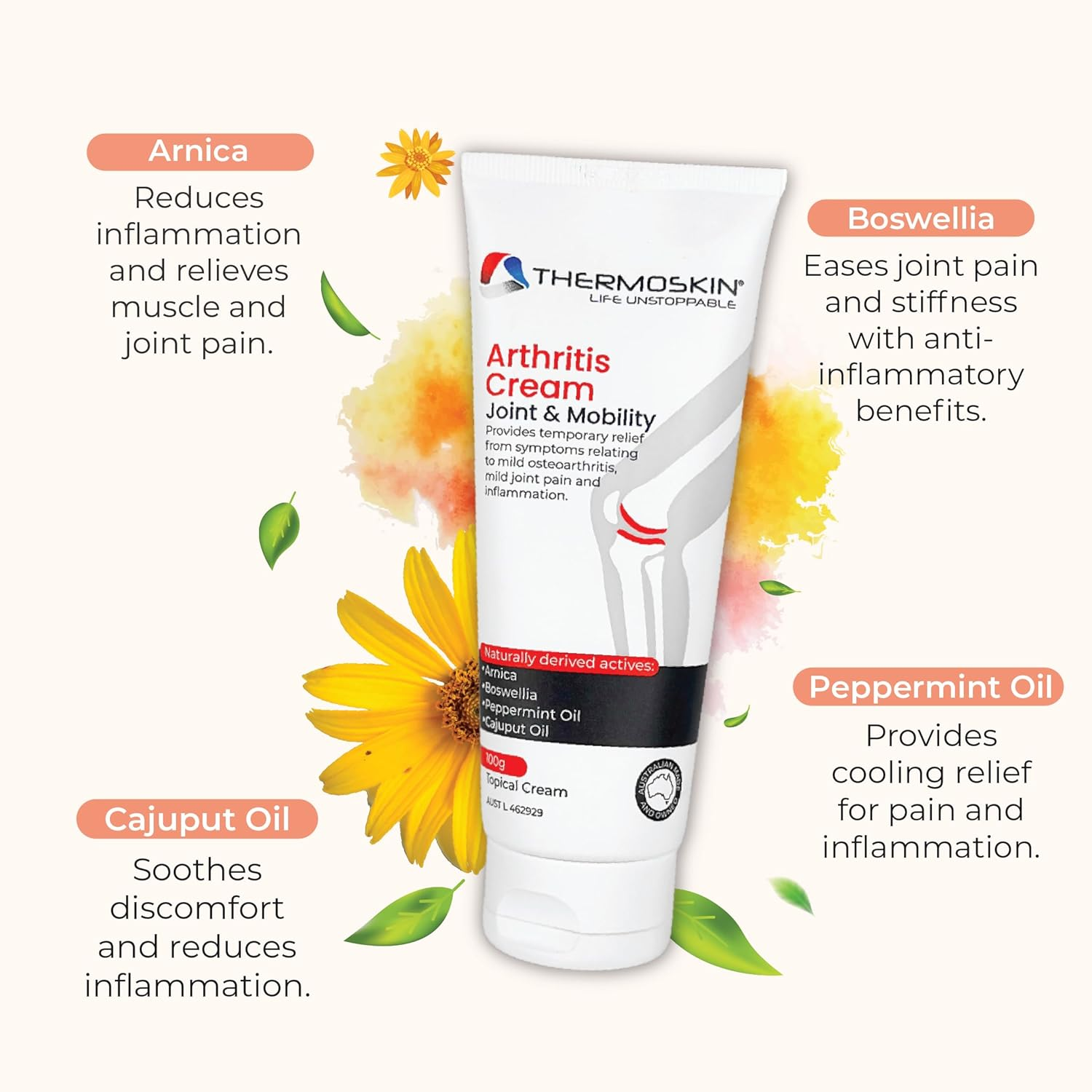 Thermoskin Arthritis Cream 100 G &ndash; Natural Arthritis Pain Relief Cream - Helps Reduce Joint Pain, Stiffness & Swelling, Supports Mobility & Flexibility, Easy-Absorbing Topical Cream. Natural Active Ingredients for Mild Osteoarthritis & Joint Inflammation. image number 3