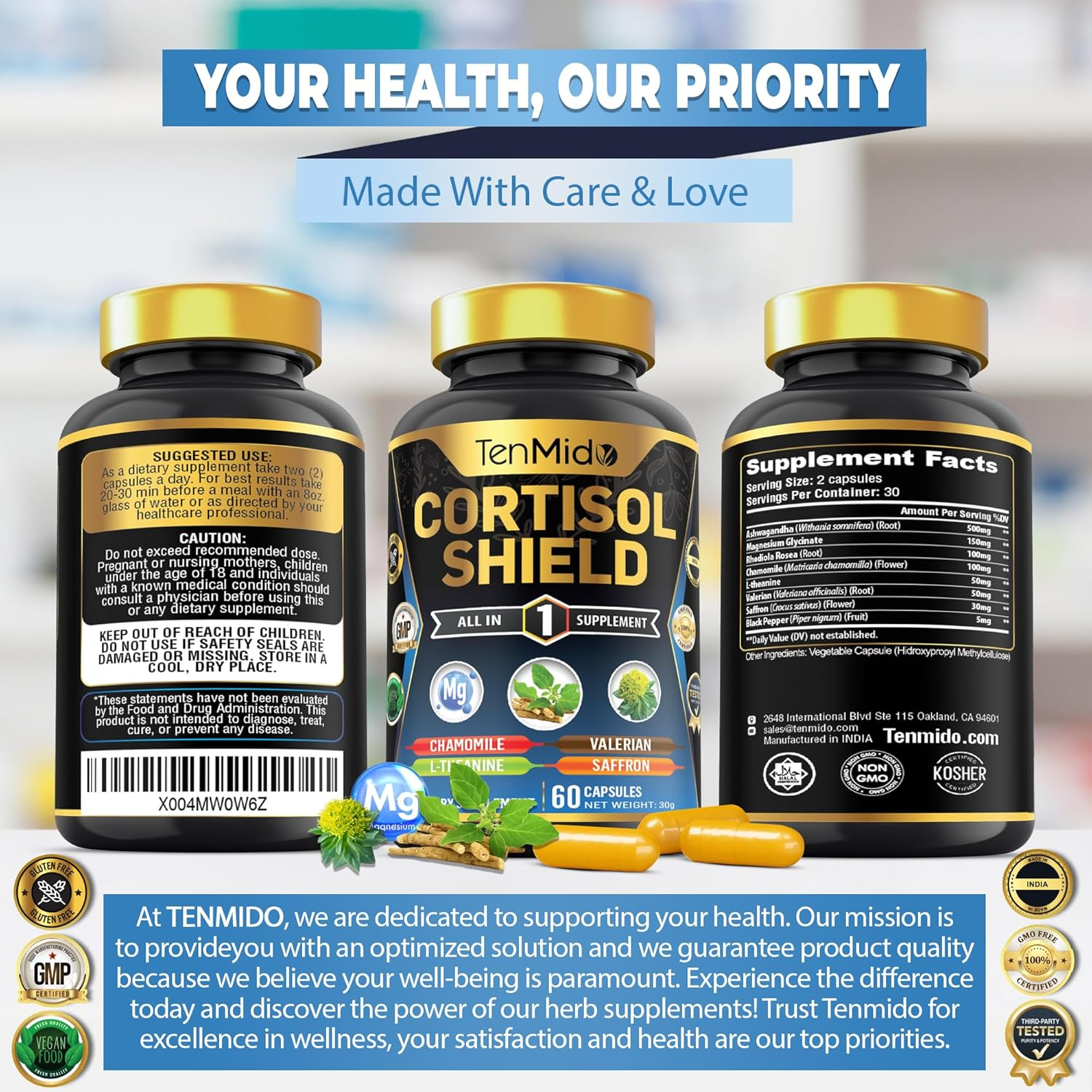 Cortisol Shield Supplement - 8In1 with Ashwagandha, Magnesium Glycinate, Rhodiola Rosea, Chamomile, L-Theanine & More - 60 Vegan & Non-Gmo Capsules image number 4