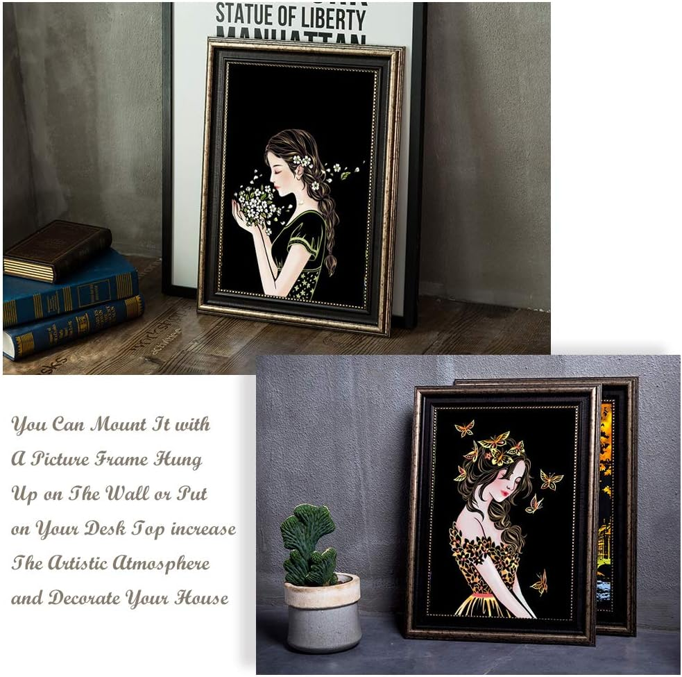 Scratch Art for Kids & Adult, Magic Rainbow Flower Engraving Painting Paper, Landscape Scratchboard(A4) Sketch Beautiful Crafts Set: 8 Sheets with 4 Tools - Drawing Pens, Cleaning Brush(Girl/Sakura)