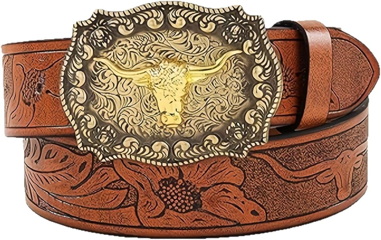 Men'S Western Cowboy Leather Belt with Long-Horned Cow Flower Carving Buckle - Perfect for Jeans