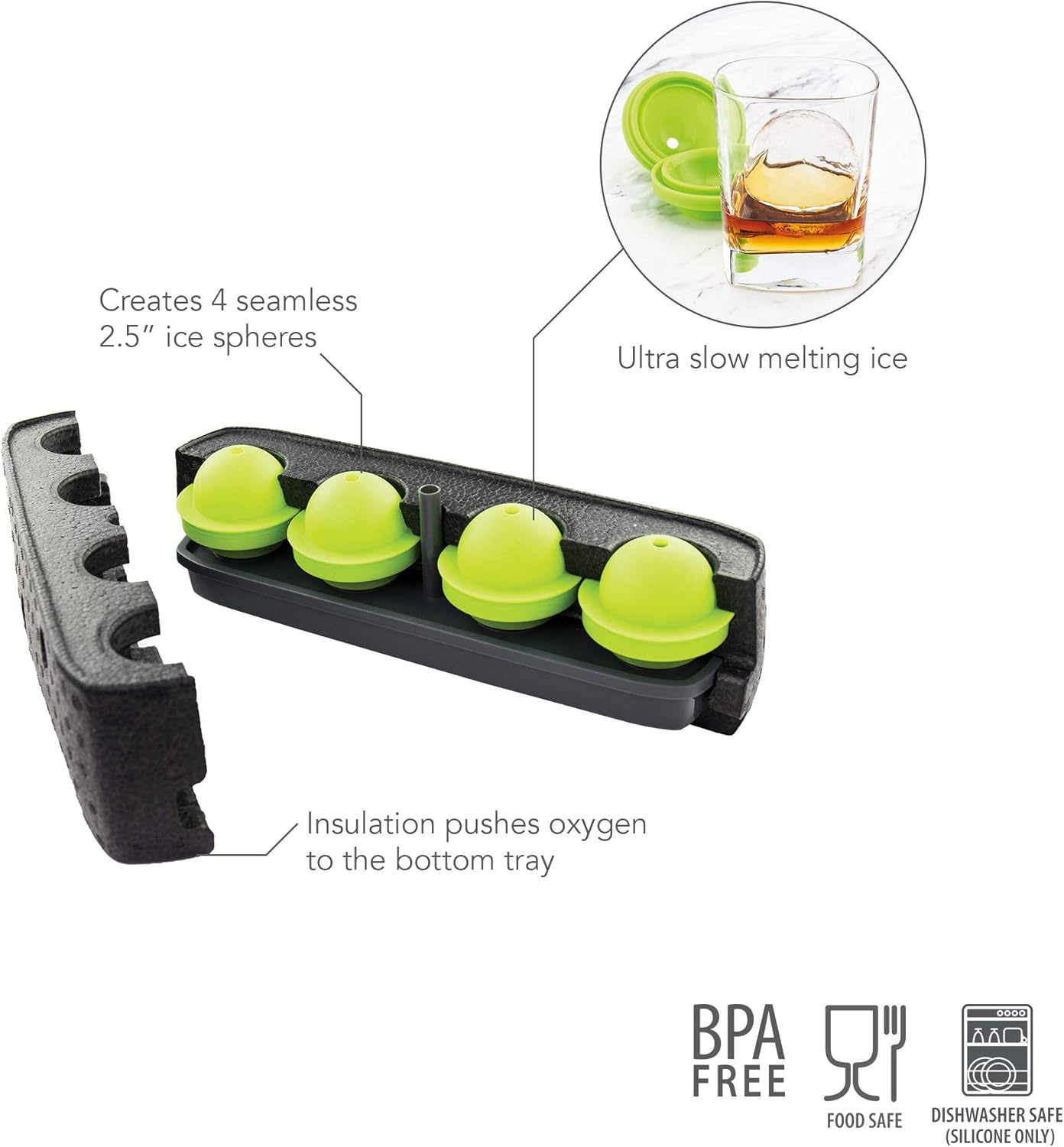 Tovolo Seamless Sphere Ice System, Compact, 2.5 Inch Crystal Clear Spheres - Set of 4 Molds,Black