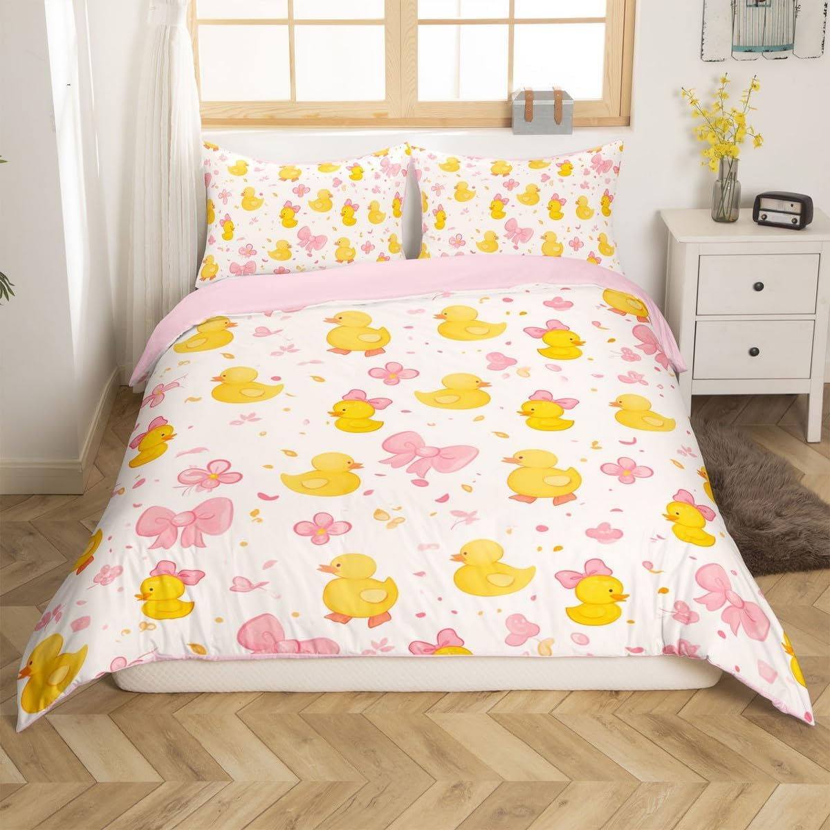 Homewish Cute Yellow Cartoon Duck Bedding Set 135 X 200 Cm Pink Bowknot Duvet Cover for Children Girls Bow Tie Comforter Cover, Floral Butterfly Knot Bed Set with 1 Pillowcase, Yellow Pink image number 3