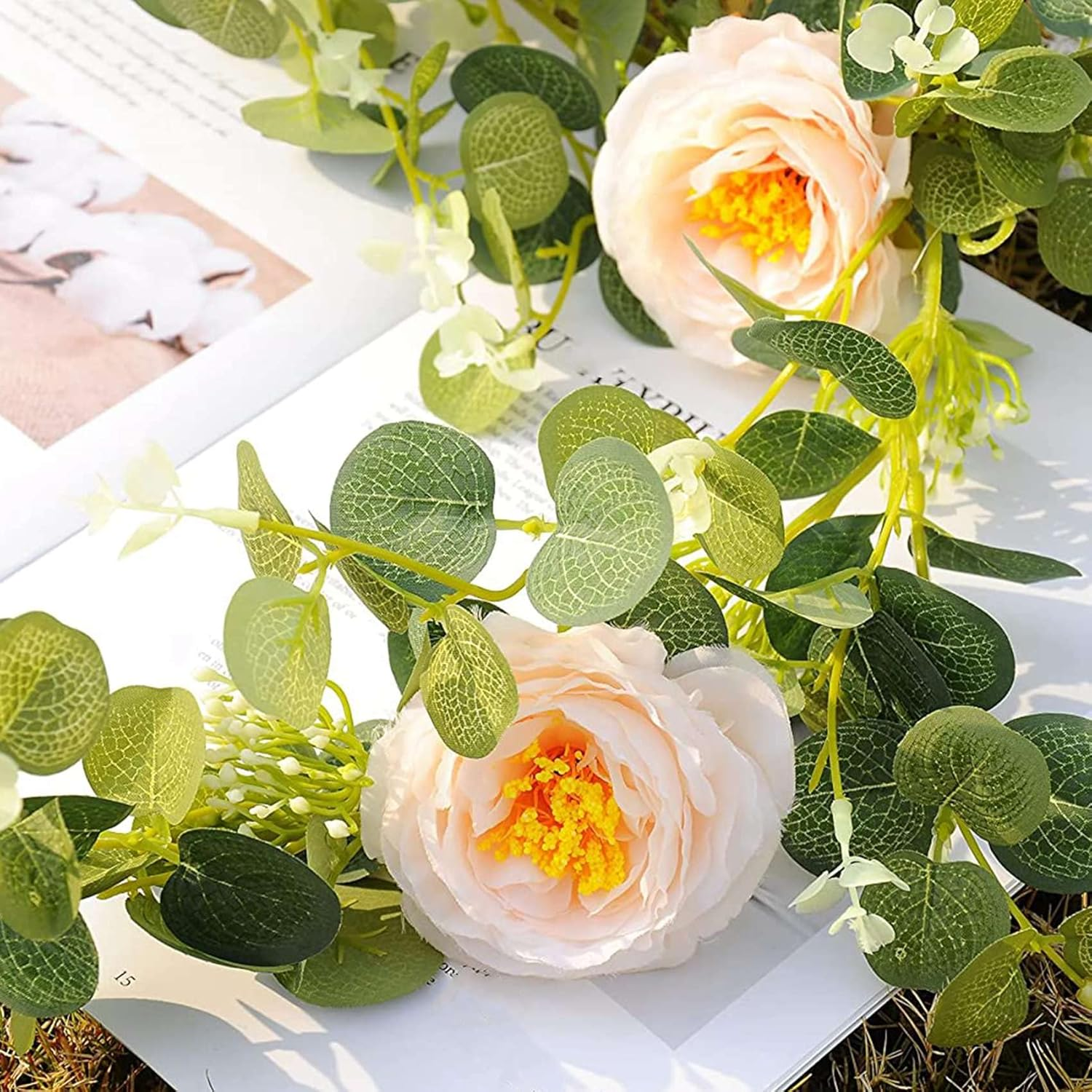 Qeunrtiy 2 Pack Eucalyptus Garland with Champagne Rose, Greenery Garland Bulk Artificial Silk Floral Eucalyptus Leaves Vines(B)